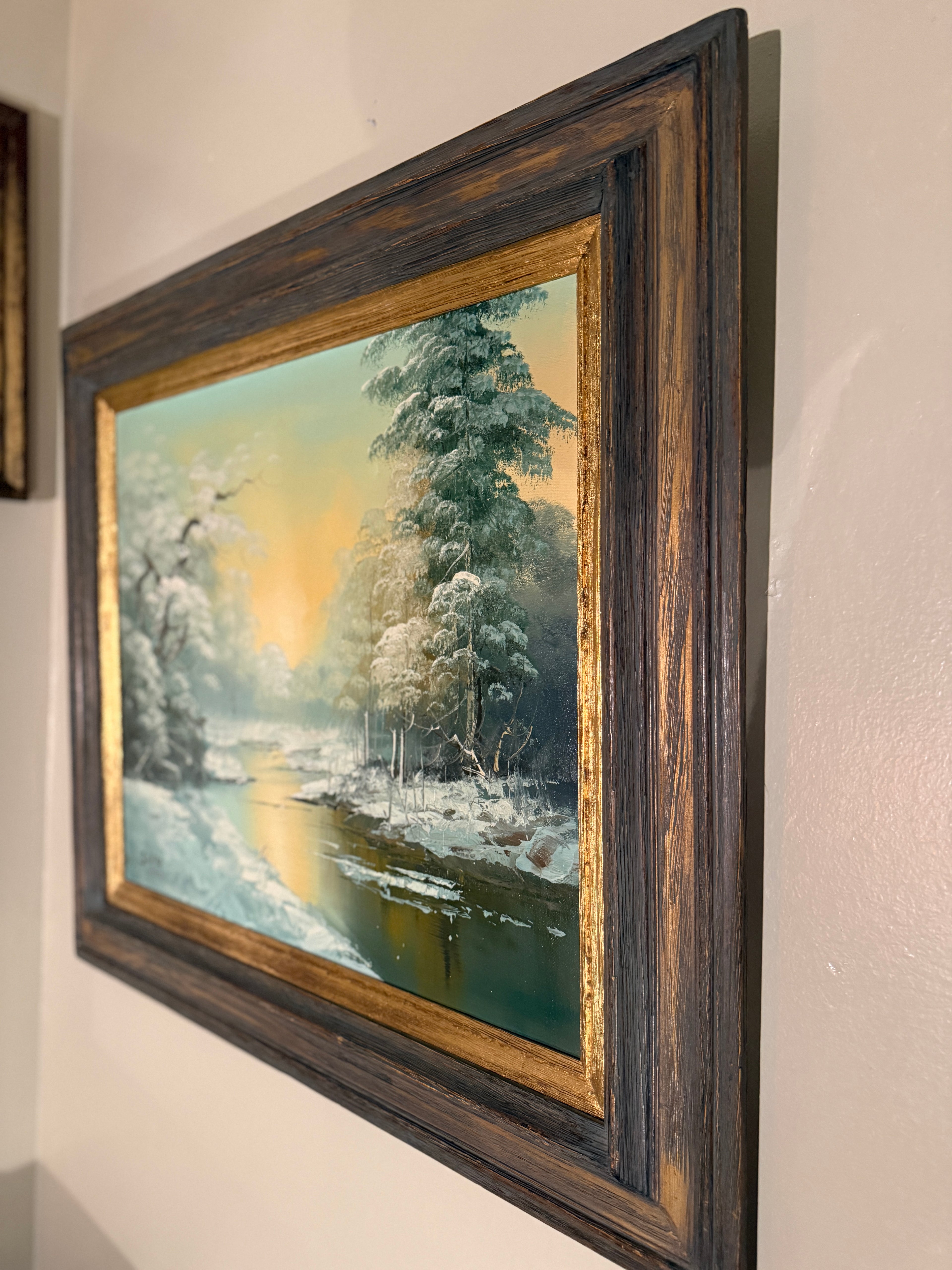 Vintage Winter Landscape Oil Painting Signed Smith | 20x24 Framed River Scene