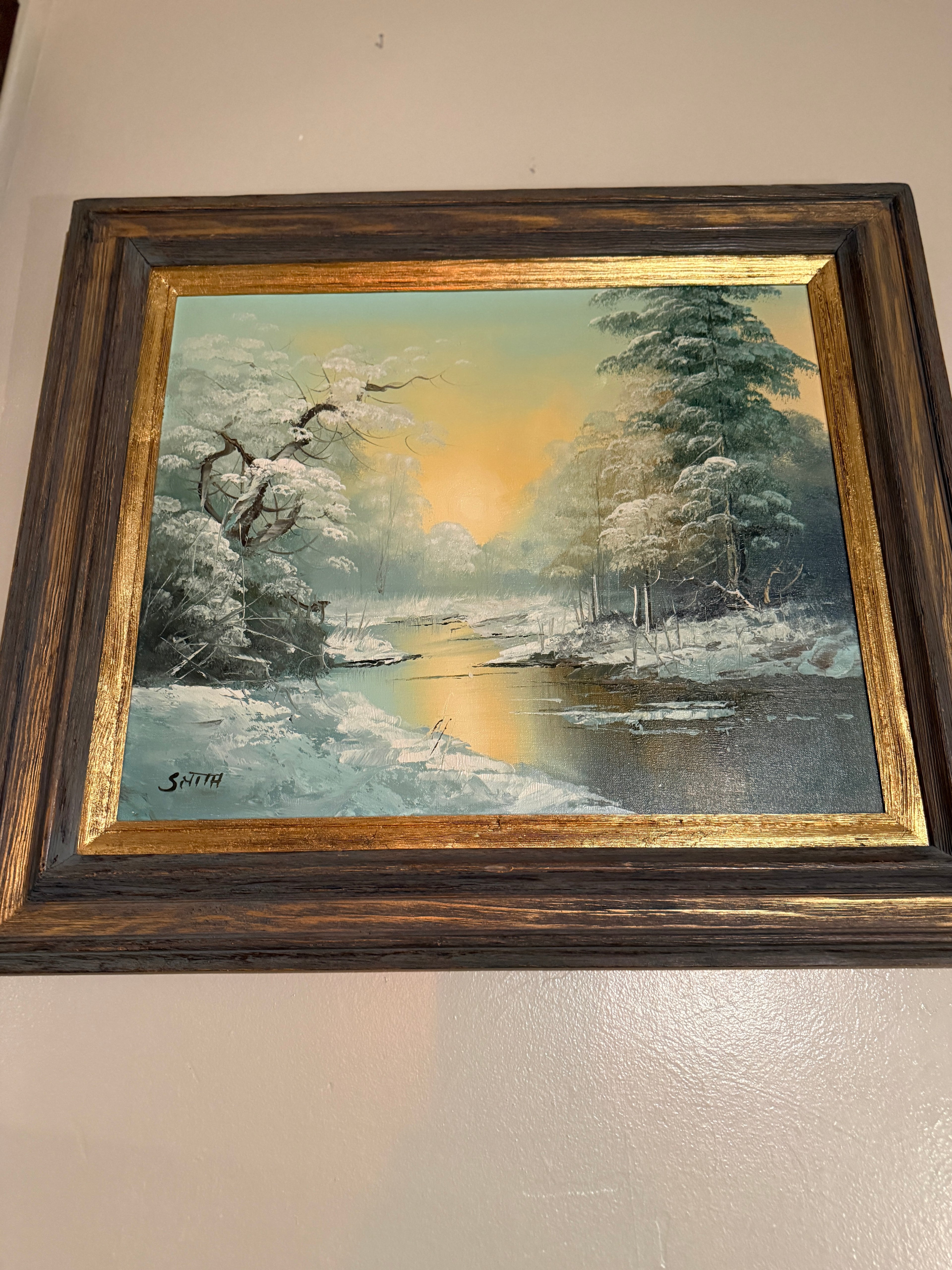 Vintage Winter Landscape Oil Painting Signed Smith | 20x24 Framed River Scene