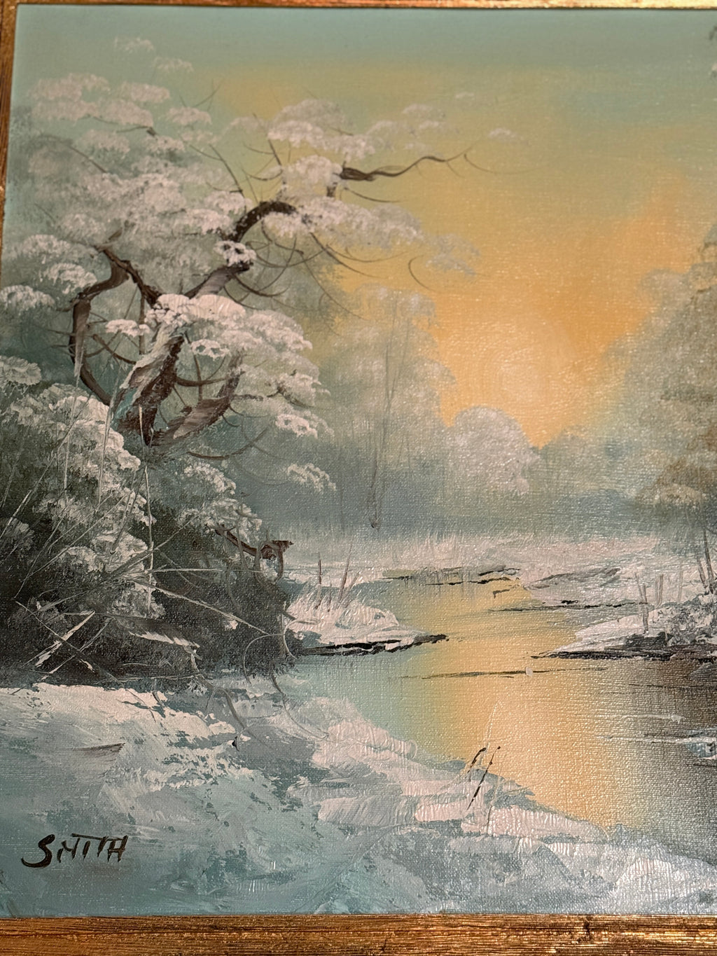 Vintage Winter Landscape Oil Painting Signed Smith | 20x24 Framed River Scene