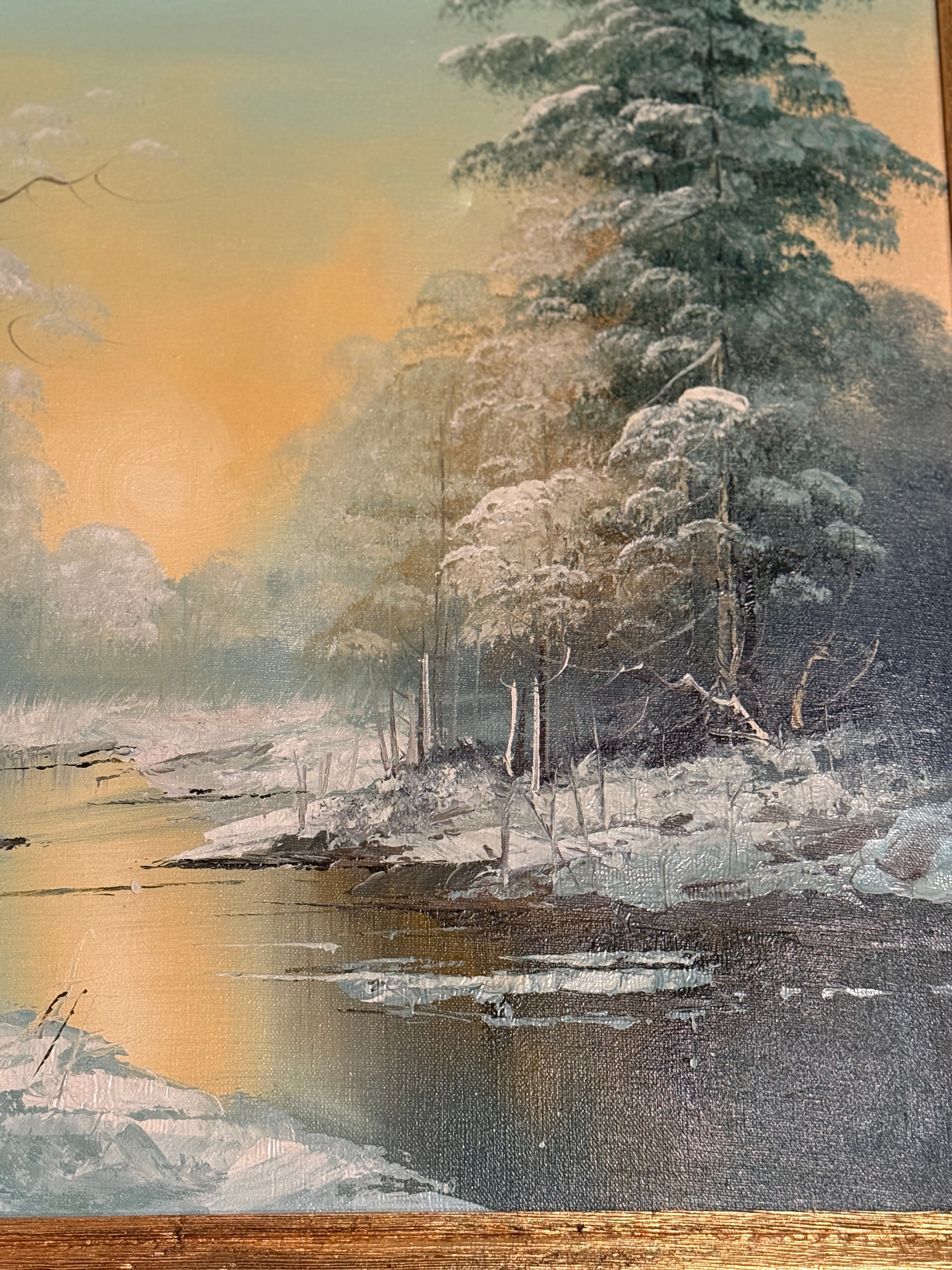 Vintage Winter Landscape Oil Painting Signed Smith | 20x24 Framed River Scene