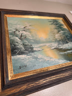 Vintage Winter Landscape Oil Painting Signed Smith | 20x24 Framed River Scene