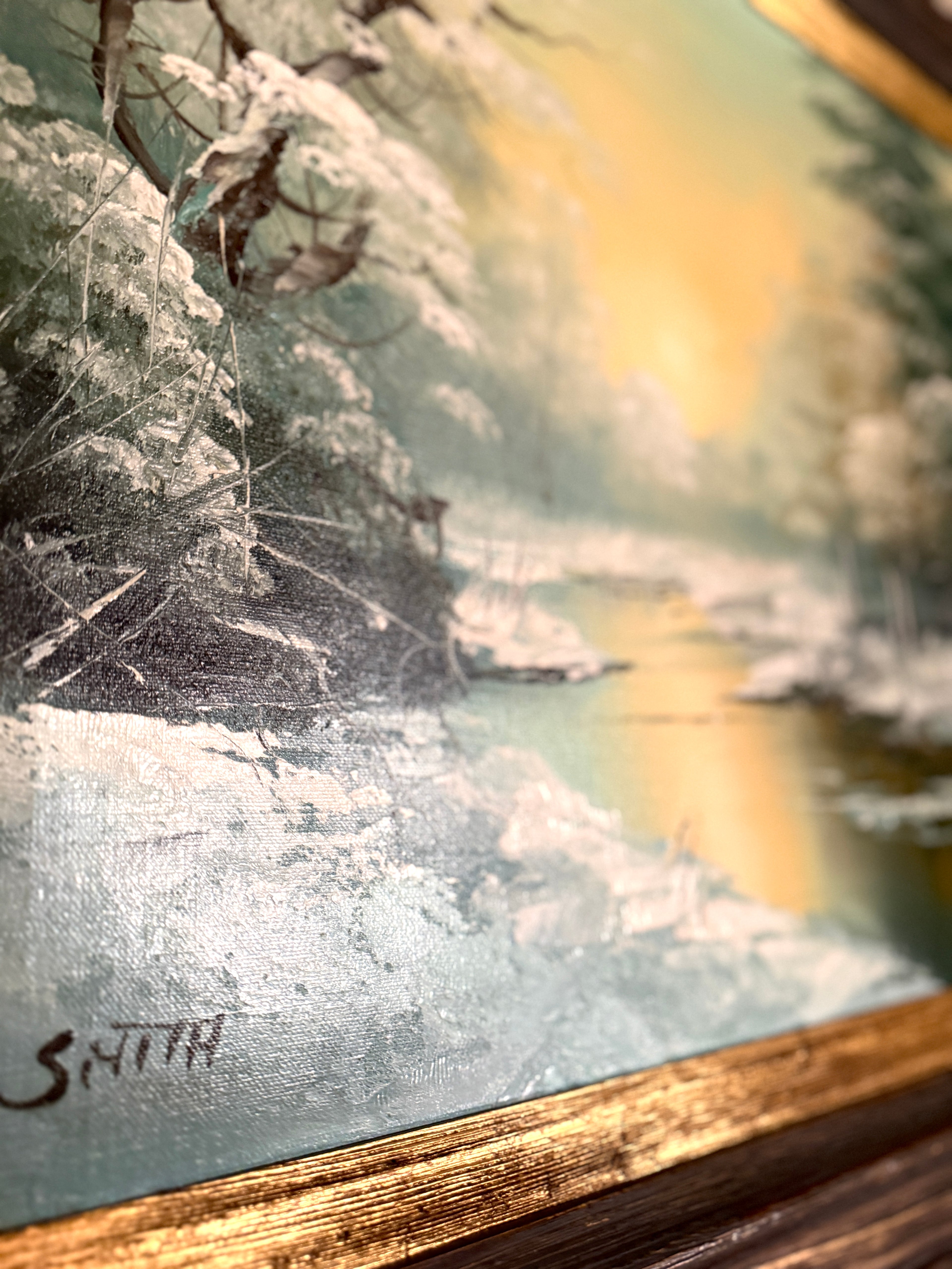 Vintage Winter Landscape Oil Painting Signed Smith | 20x24 Framed River Scene