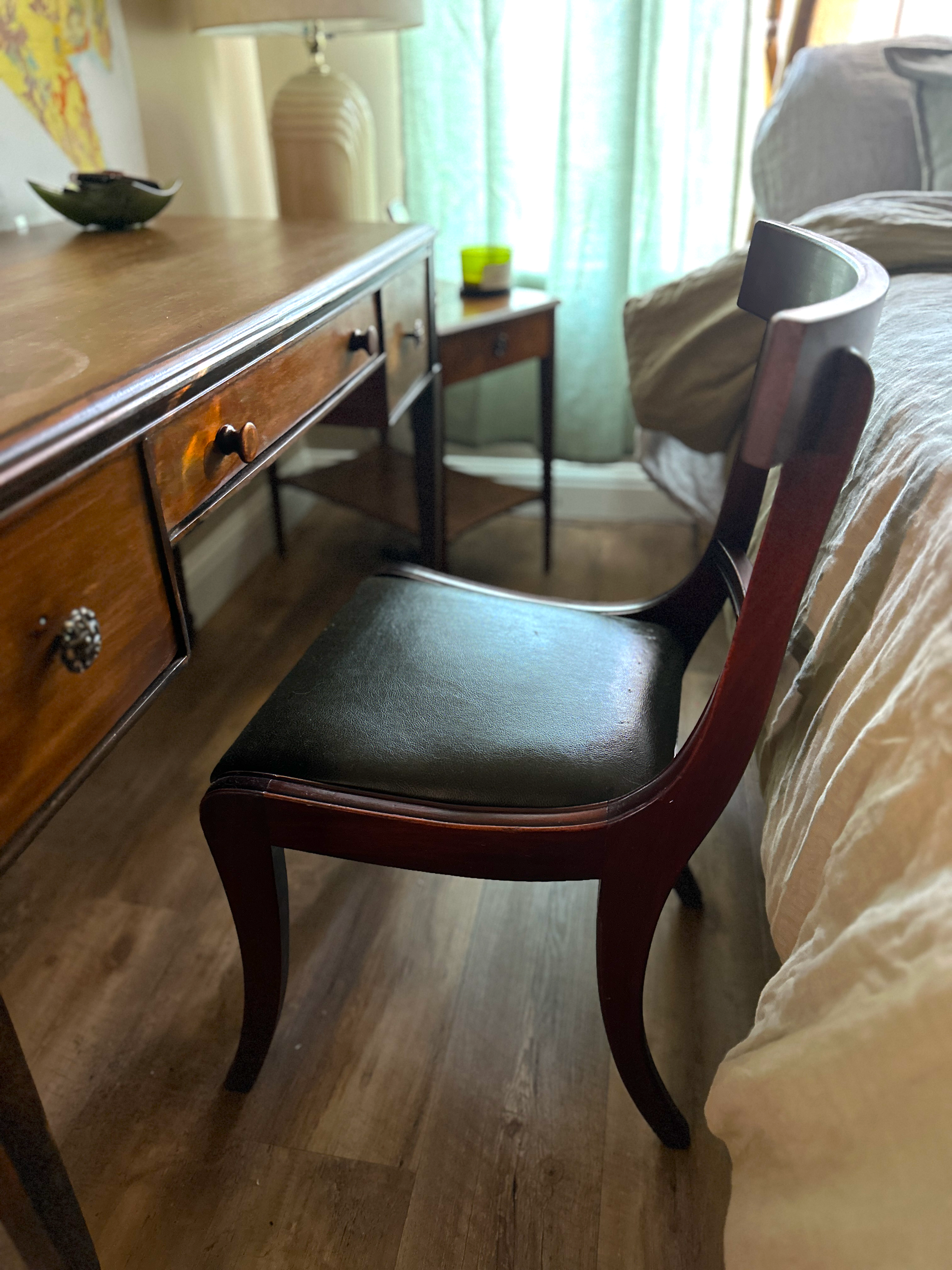 Antique Klismos-Style Accent Chair in Dark Olive Leather & Dark Walnut | Restored Early 20th-Century Seating by Viridian Eclection (c. 1900 - 1930)