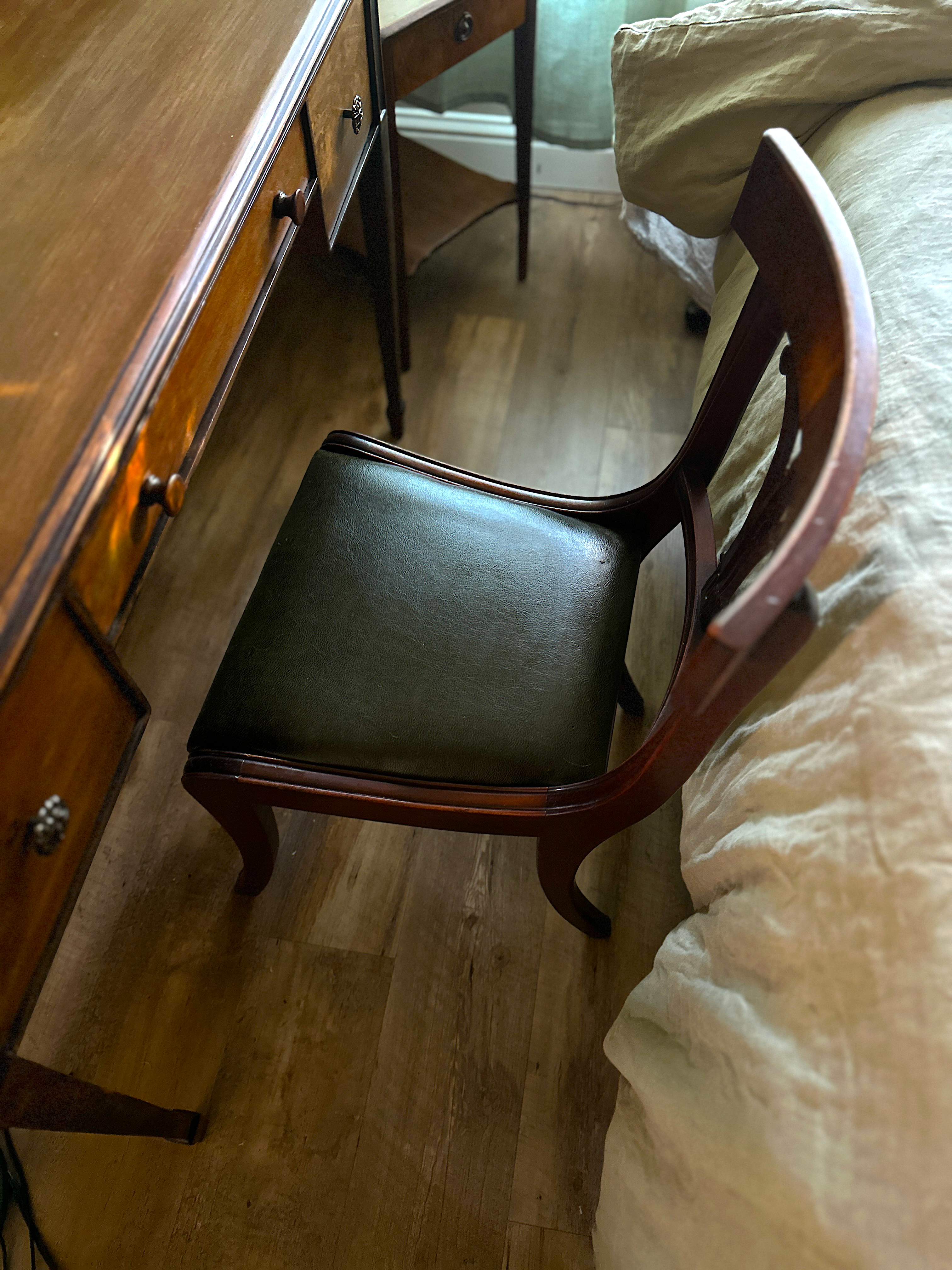 Antique Klismos-Style Accent Chair in Dark Olive Leather & Dark Walnut | Restored Early 20th-Century Seating by Viridian Eclection (c. 1900 - 1930)