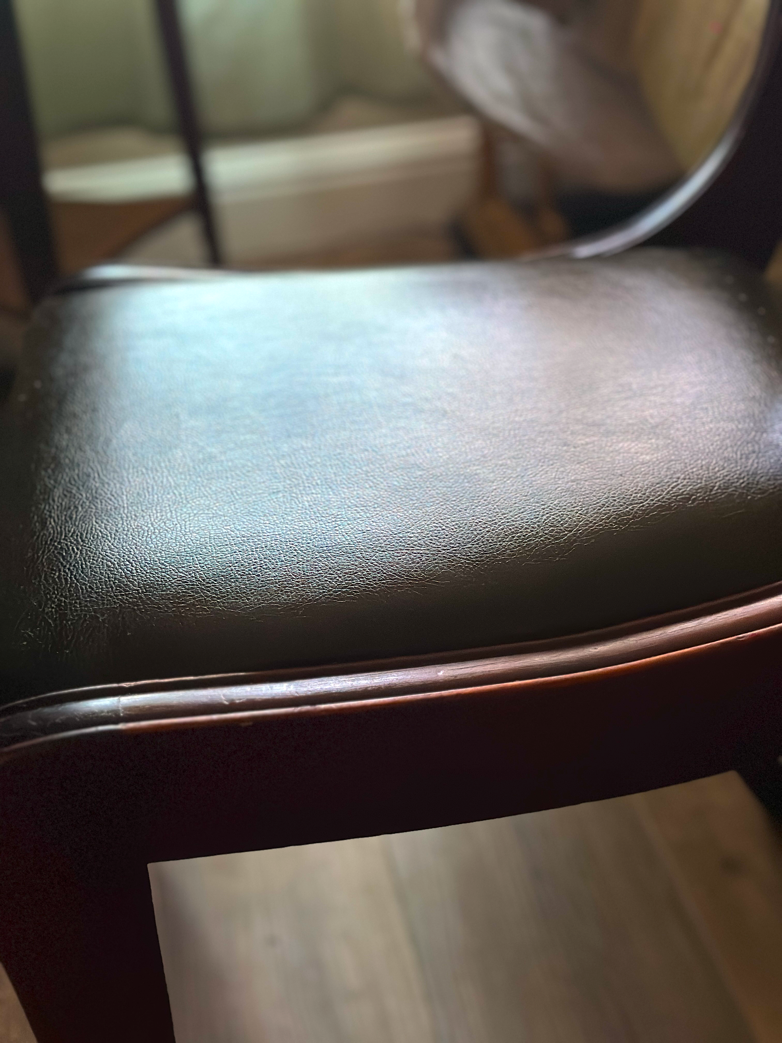 Antique Klismos-Style Accent Chair in Dark Olive Leather & Dark Walnut | Restored Early 20th-Century Seating by Viridian Eclection (c. 1900 - 1930)