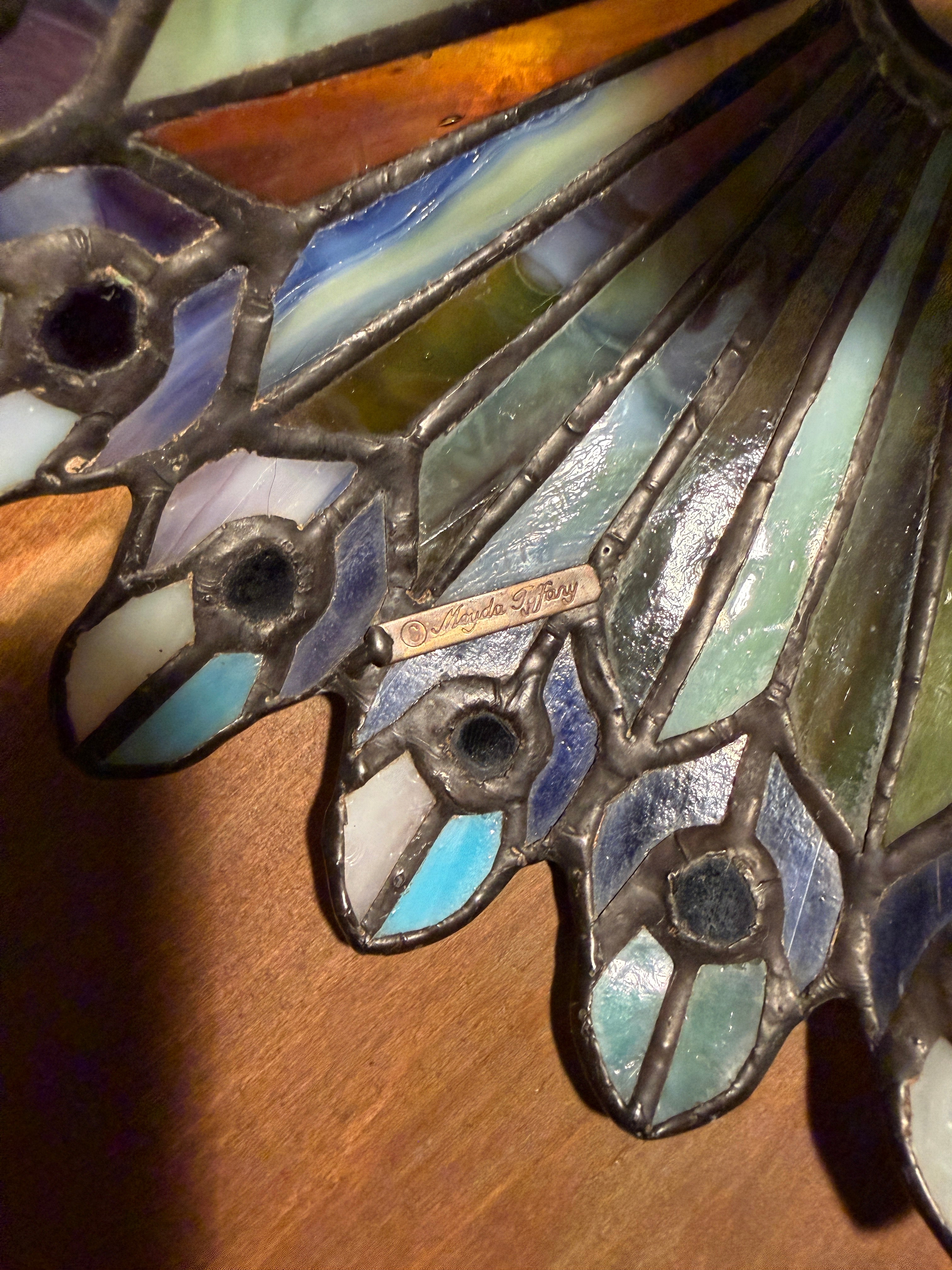 Meyda Tiffany Peacock Stained Glass Lamp Shade with Antique Metal Base