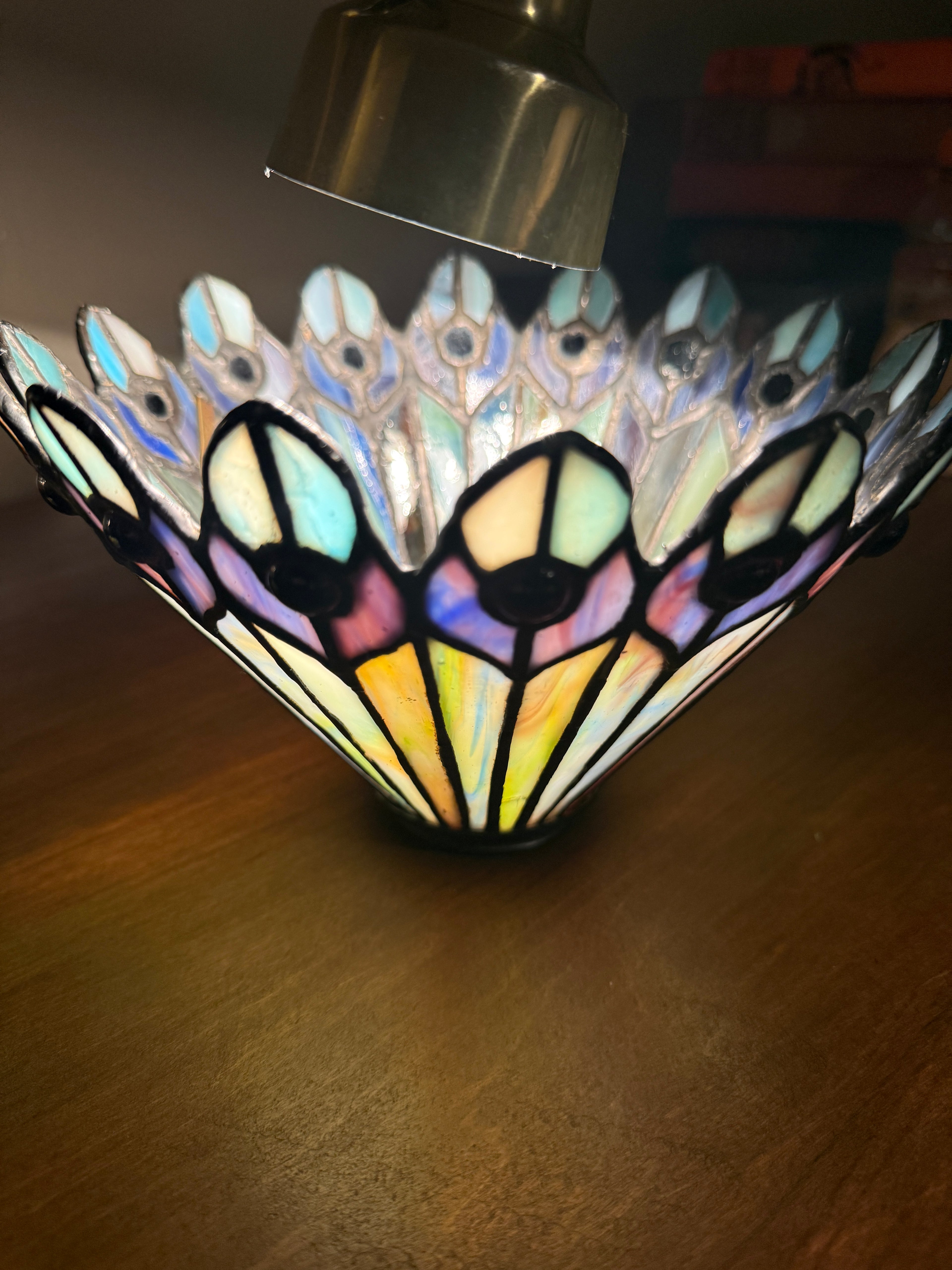 Meyda Tiffany Peacock Stained Glass Lamp Shade with Antique Metal Base
