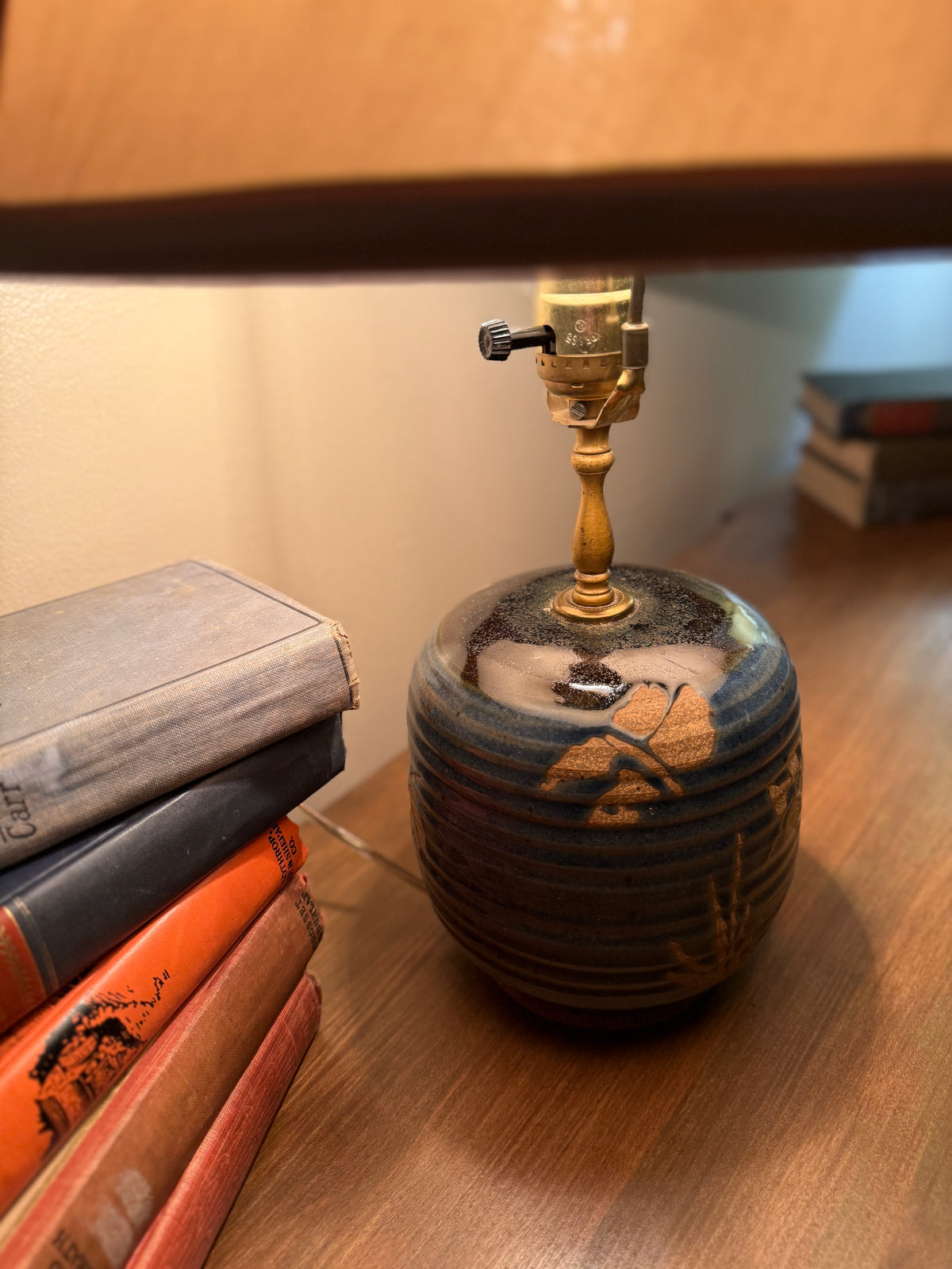 Mid Century Pottery Table Lamp 1950s Blue Glaze Ceramic Studio Lamp