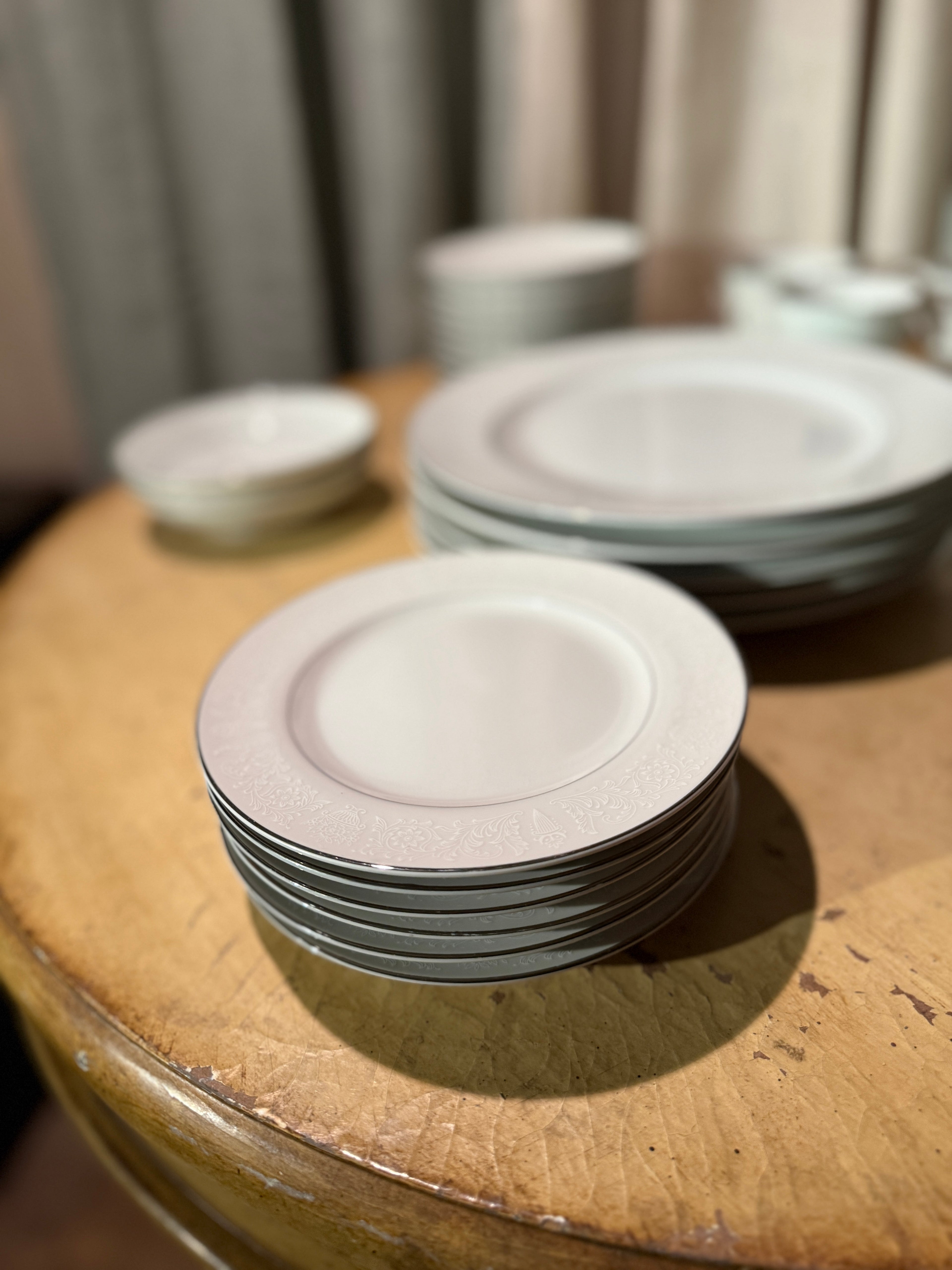 Vintage Crown Victoria Lovelace Fine China Set Japan White Platinum Rim Plates Cups (40 Piece) c (1950-60s)