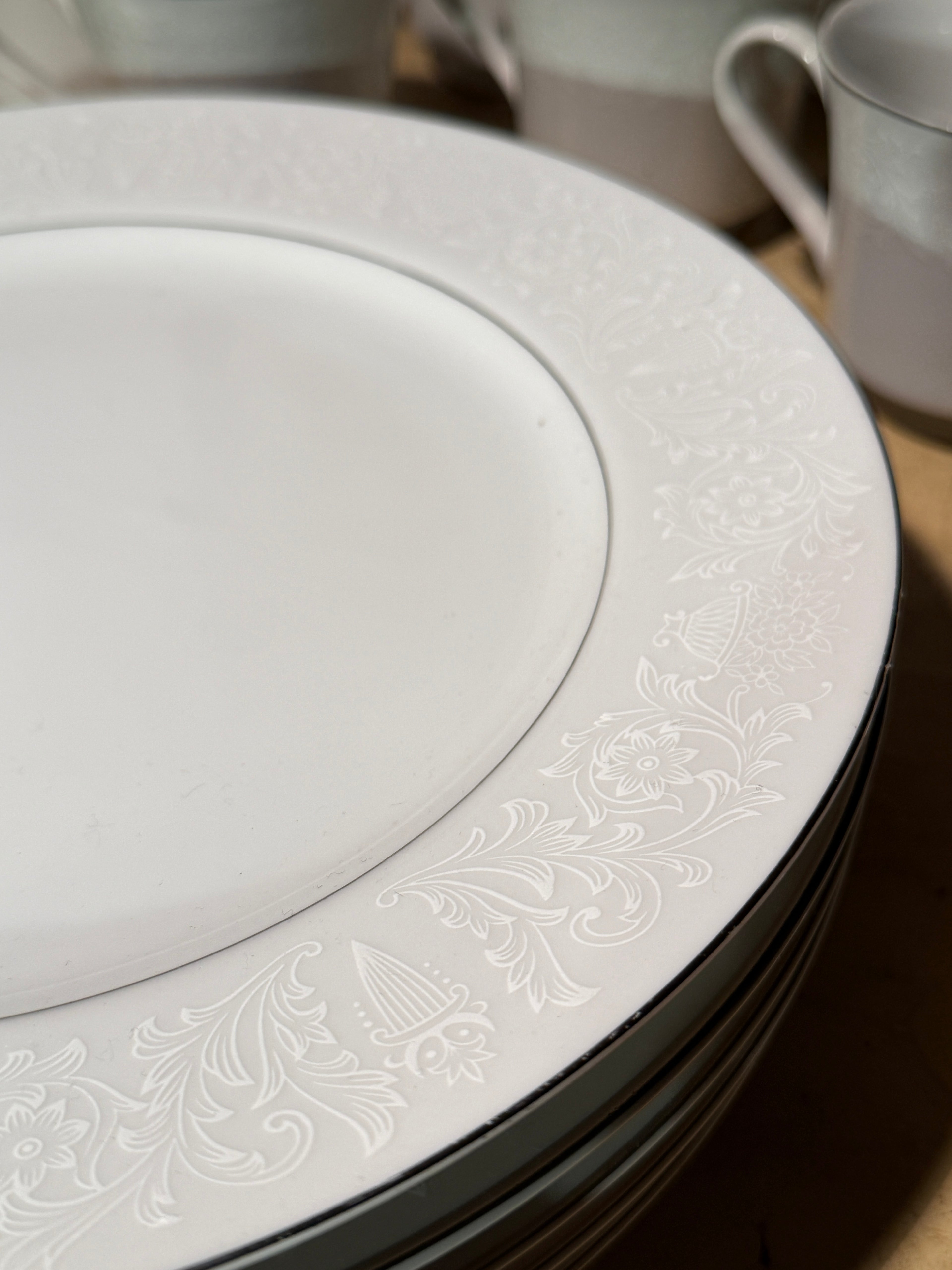 Vintage Crown Victoria Lovelace Fine China Set Japan White Platinum Rim Plates Cups (40 Piece) c (1950-60s)