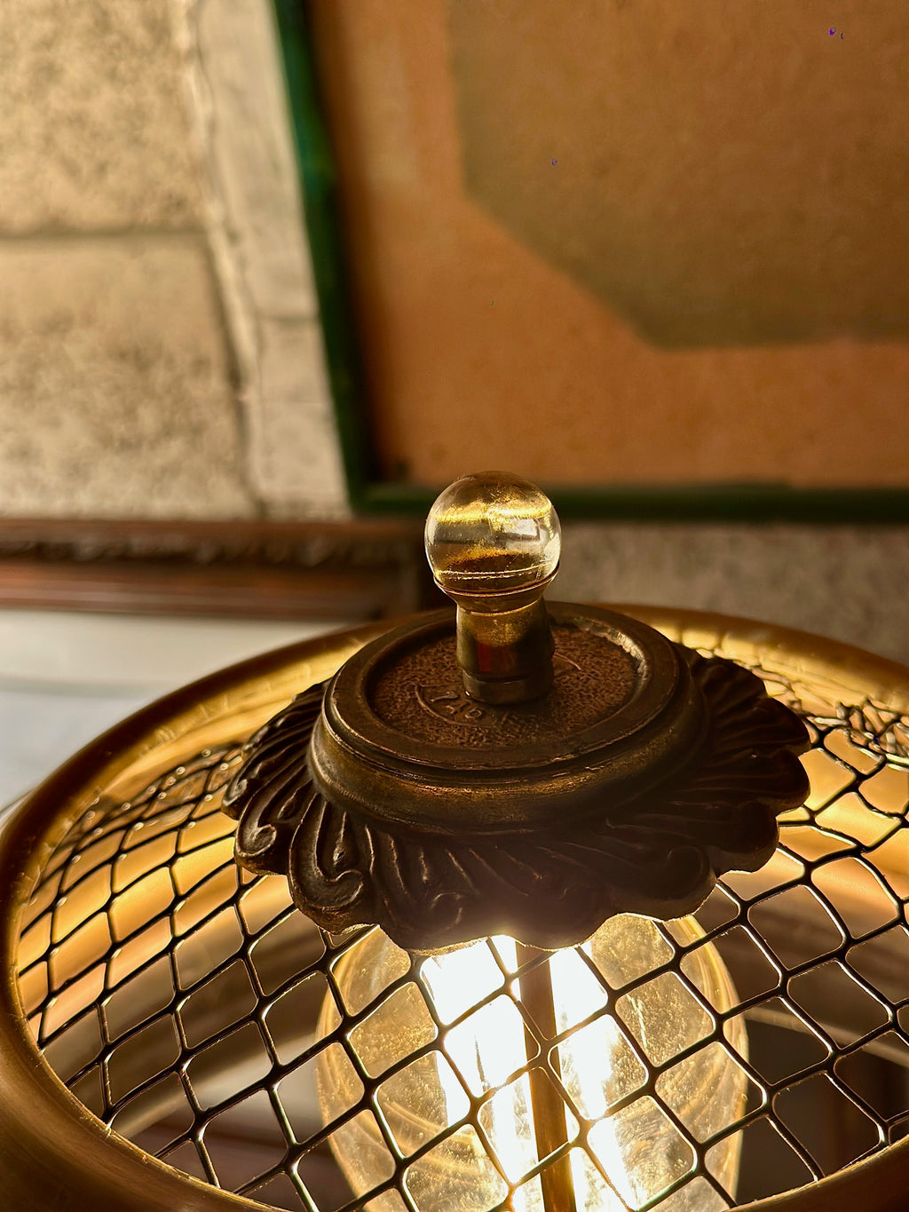 Atmospheric Art Deco Ceramic Table Lamp with Sculptural Glass Finial & Gilded Mesh Shade (c 1910-1940)