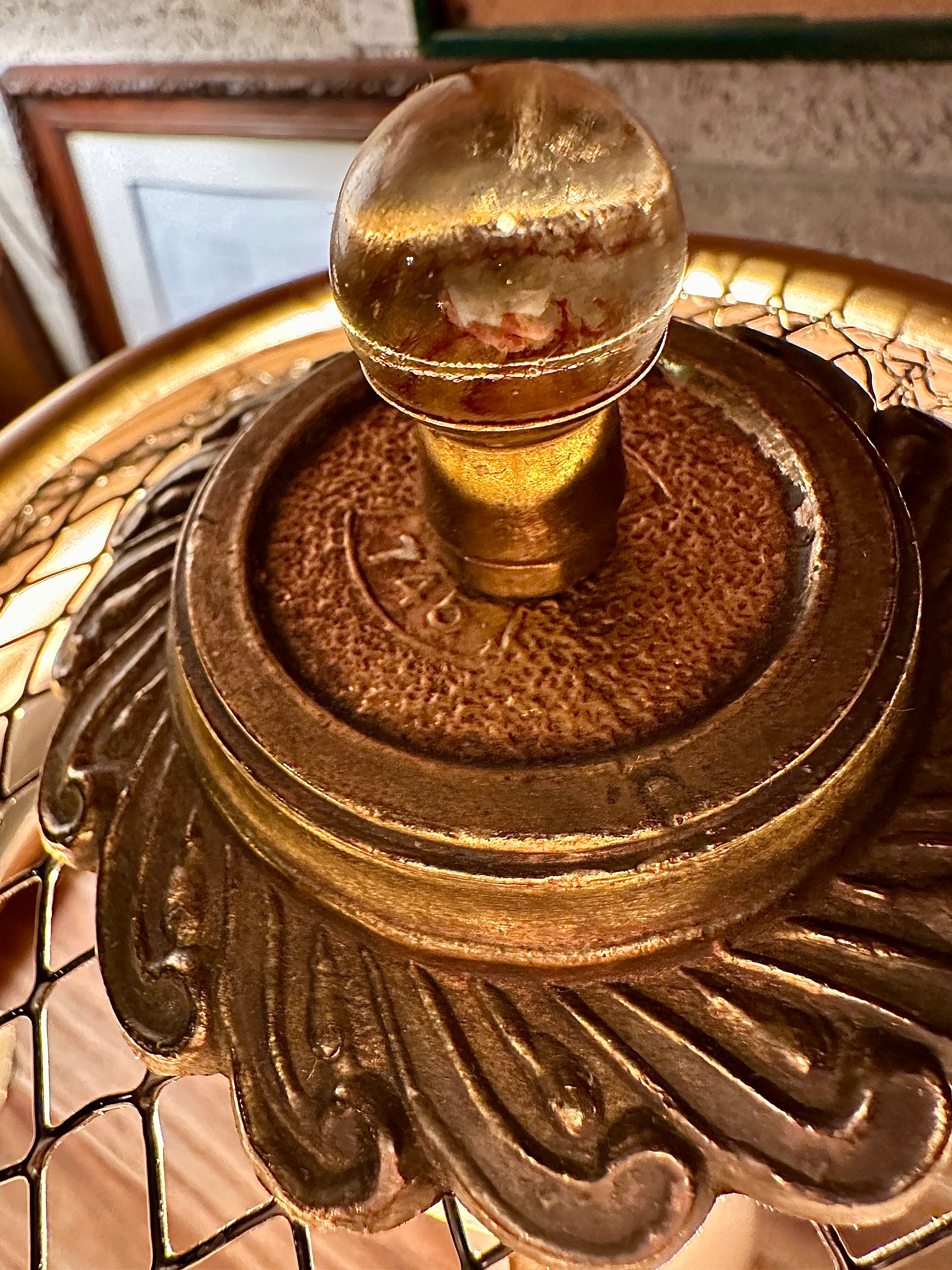 Atmospheric Art Deco Ceramic Table Lamp with Sculptural Glass Finial & Gilded Mesh Shade (c 1910-1940)