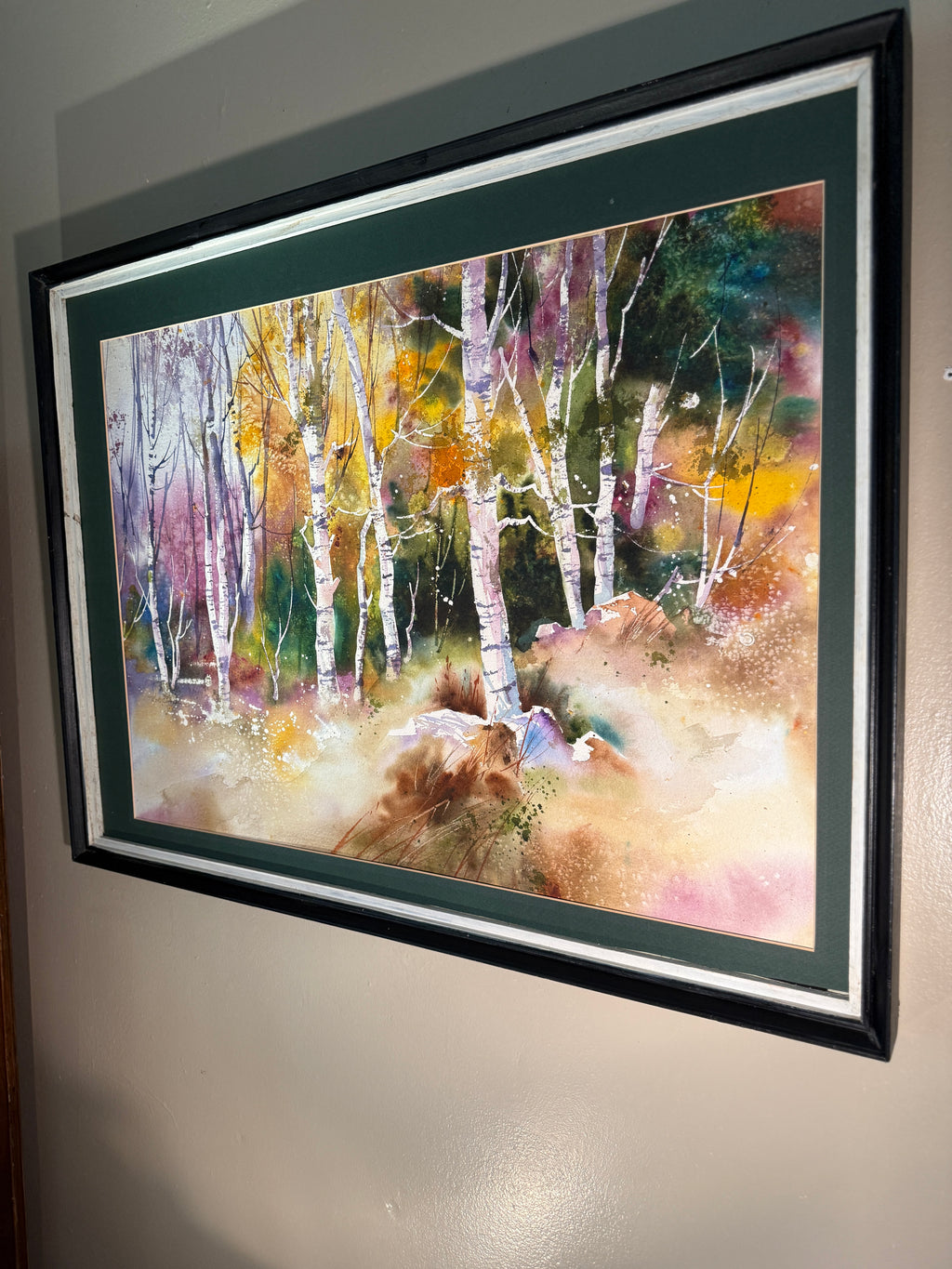 Birch Grove, Water Color 24x30, Impressionism Expressionism Signed Monte Gueyner (c 1993)