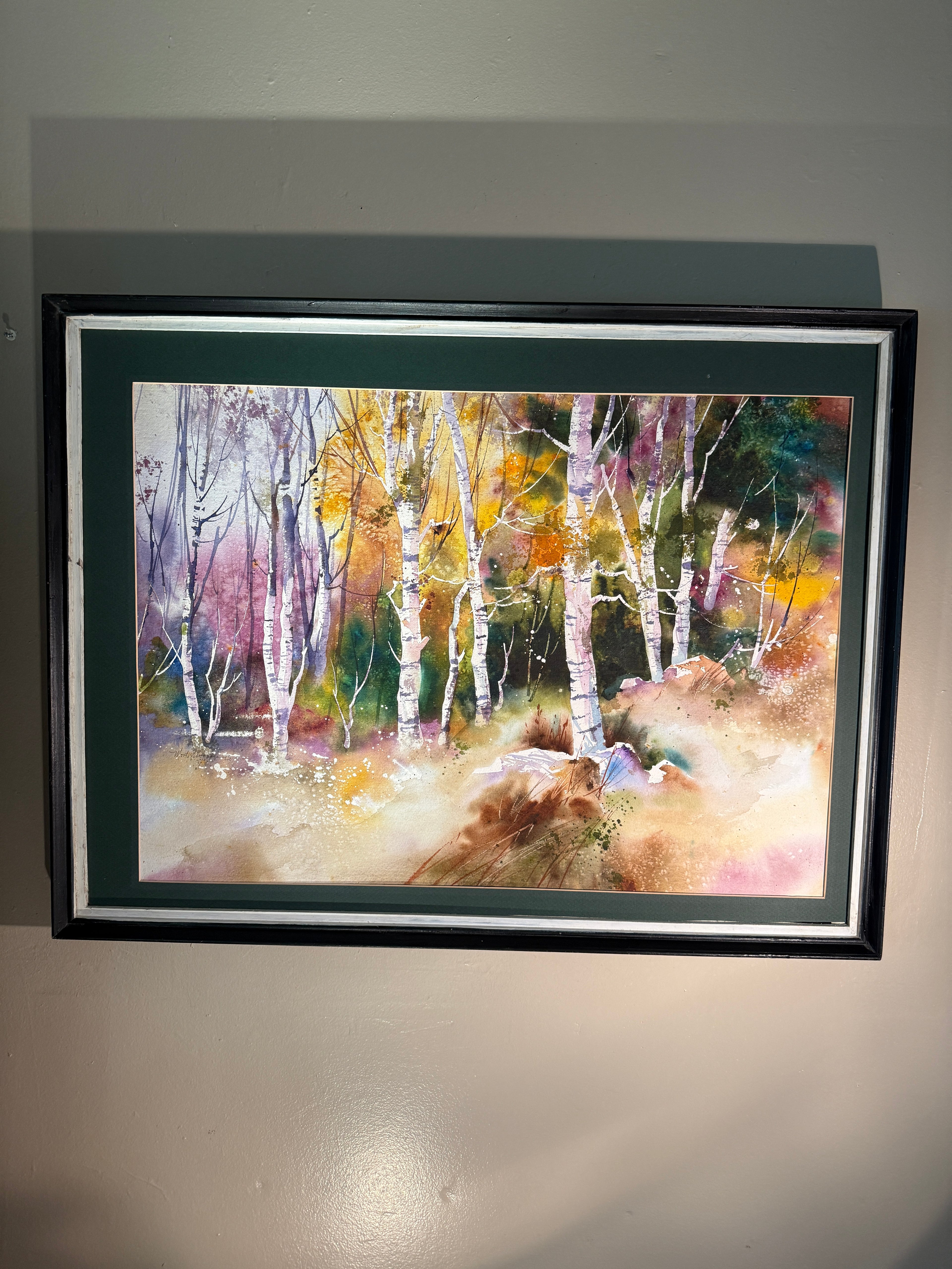 Birch Grove, Water Color 24x30, Impressionism Expressionism Signed Monte Gueyner (c 1993)