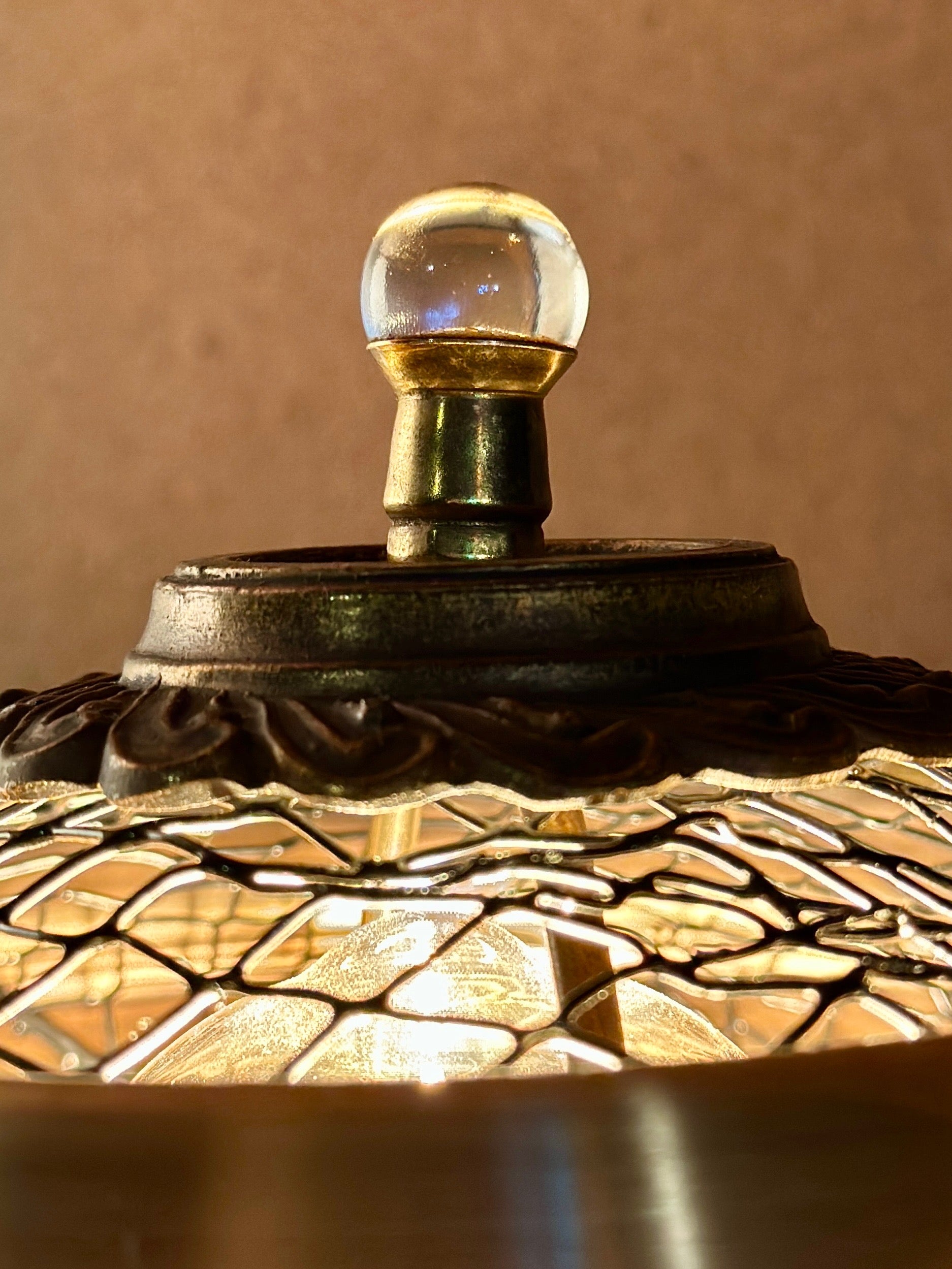 Atmospheric Art Deco Ceramic Table Lamp with Sculptural Glass Finial & Gilded Mesh Shade (c 1910-1940)