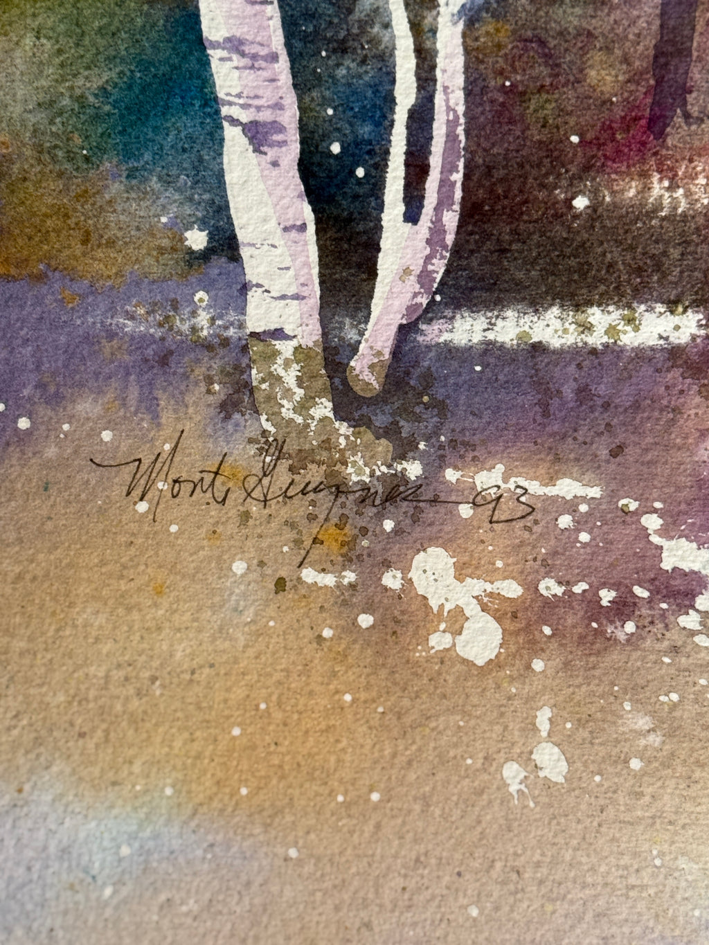 Birch Grove, Water Color 24x30, Impressionism Expressionism Signed Monte Gueyner (c 1993)