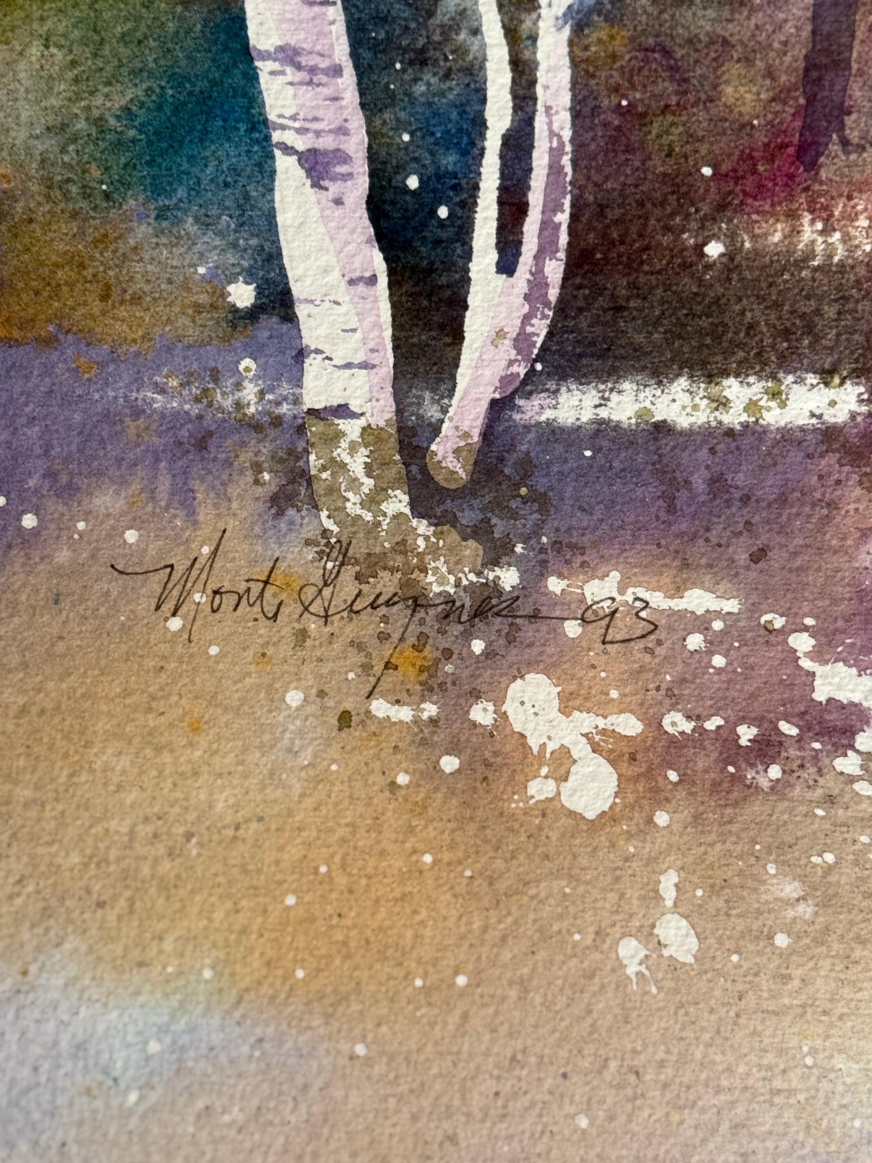 Birch Grove, Water Color 24x30, Impressionism Expressionism Signed Monte Gueyner (c 1993)