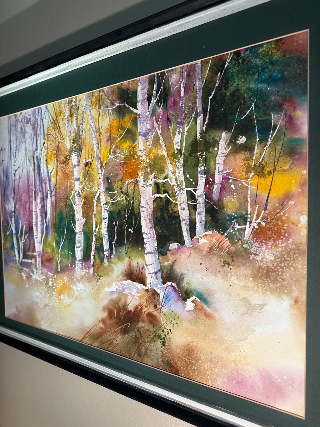 Birch Grove, Water Color 24x30, Impressionism Expressionism Signed Monte Gueyner (c 1993)