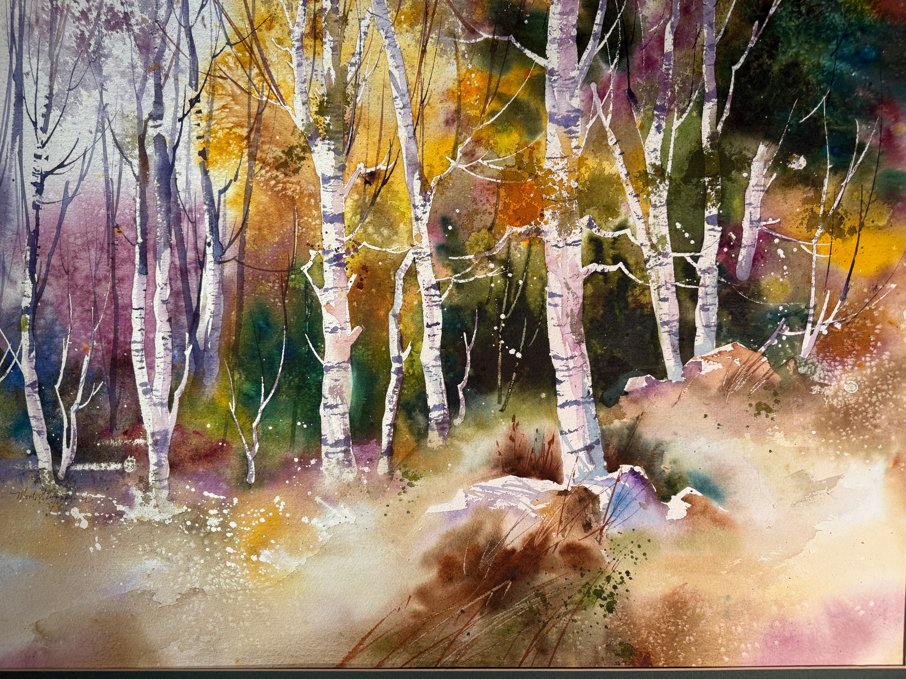 Birch Grove, Water Color 24x30, Impressionism Expressionism Signed Monte Gueyner (c 1993)