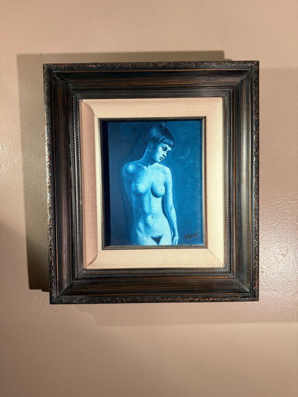 1977 Signed Verdi Blue Nude Oil Painting with Collier Certificate c. 1977