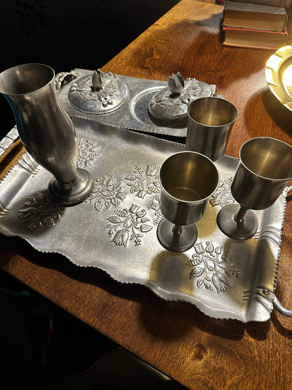 Hand Hammered Sweden (Skruf) & USA (Inernational Pewter) 3-Piece Studio Pewter Decorative Brutalism Serving Set