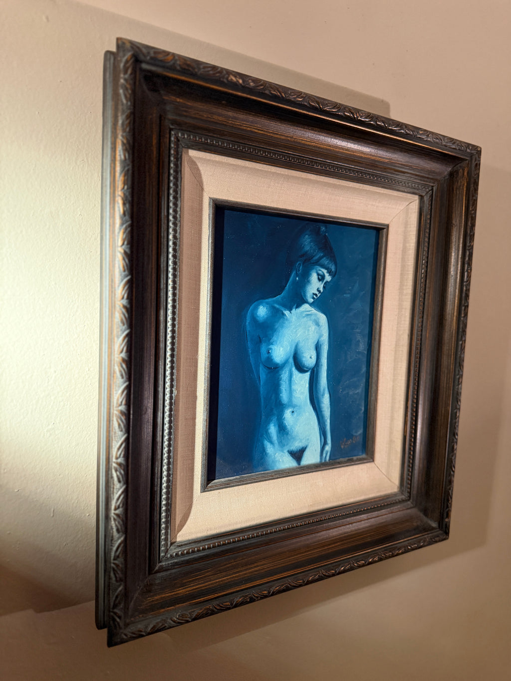 1977 Signed Verdi Blue Nude Oil Painting with Collier Certificate c. 1977