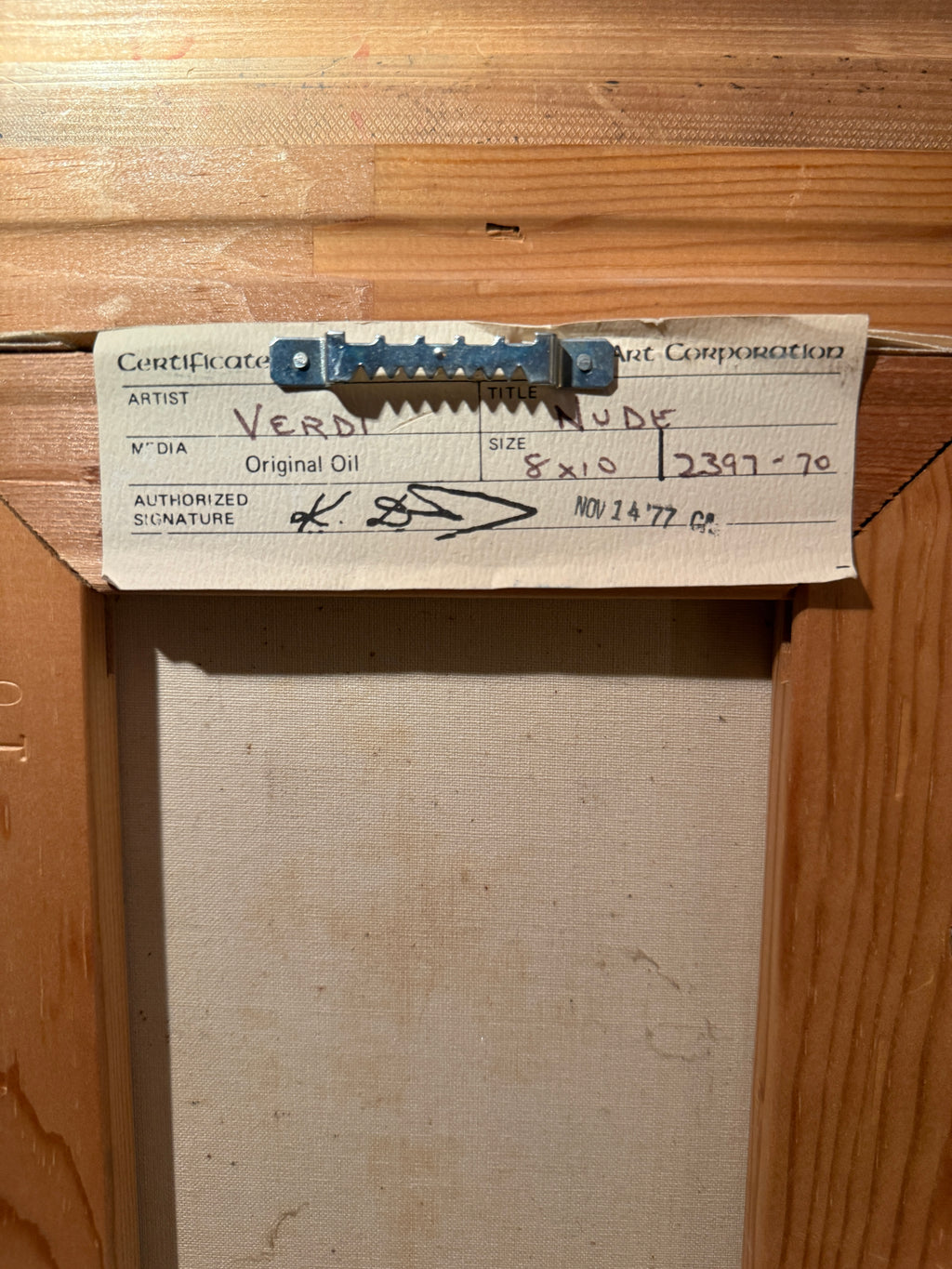 1977 Signed Verdi Blue Nude Oil Painting with Collier Certificate c. 1977