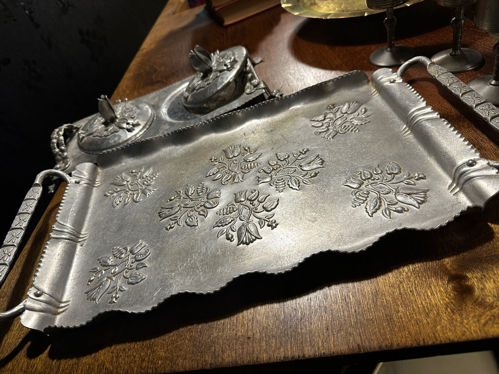 Hand Hammered Sweden (Skruf) & USA (Inernational Pewter) 3-Piece Studio Pewter Decorative Brutalism Serving Set
