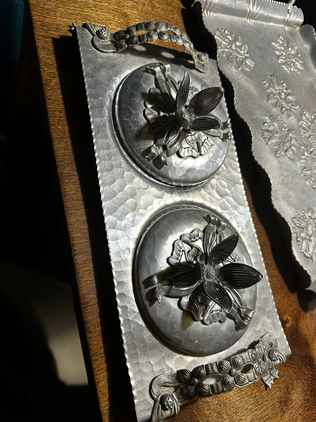 Hand Hammered Sweden (Skruf) & USA (Inernational Pewter) 3-Piece Studio Pewter Decorative Brutalism Serving Set