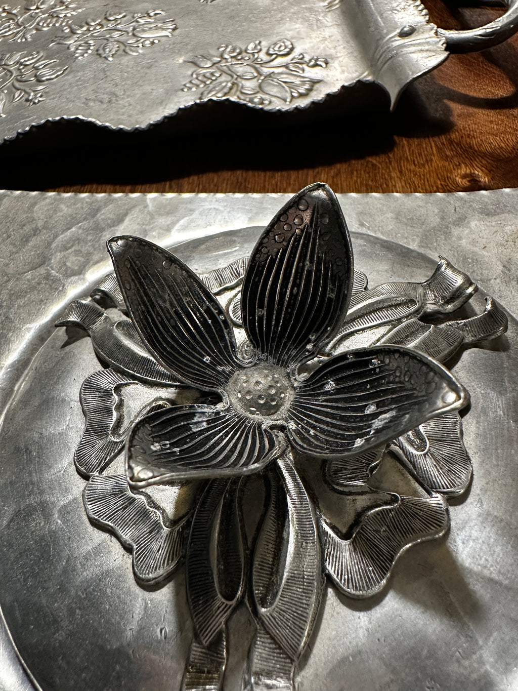 Hand Hammered Sweden (Skruf) & USA (Inernational Pewter) 3-Piece Studio Pewter Decorative Brutalism Serving Set