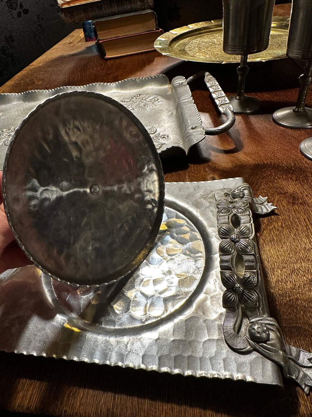 Hand Hammered Sweden (Skruf) & USA (Inernational Pewter) 3-Piece Studio Pewter Decorative Brutalism Serving Set
