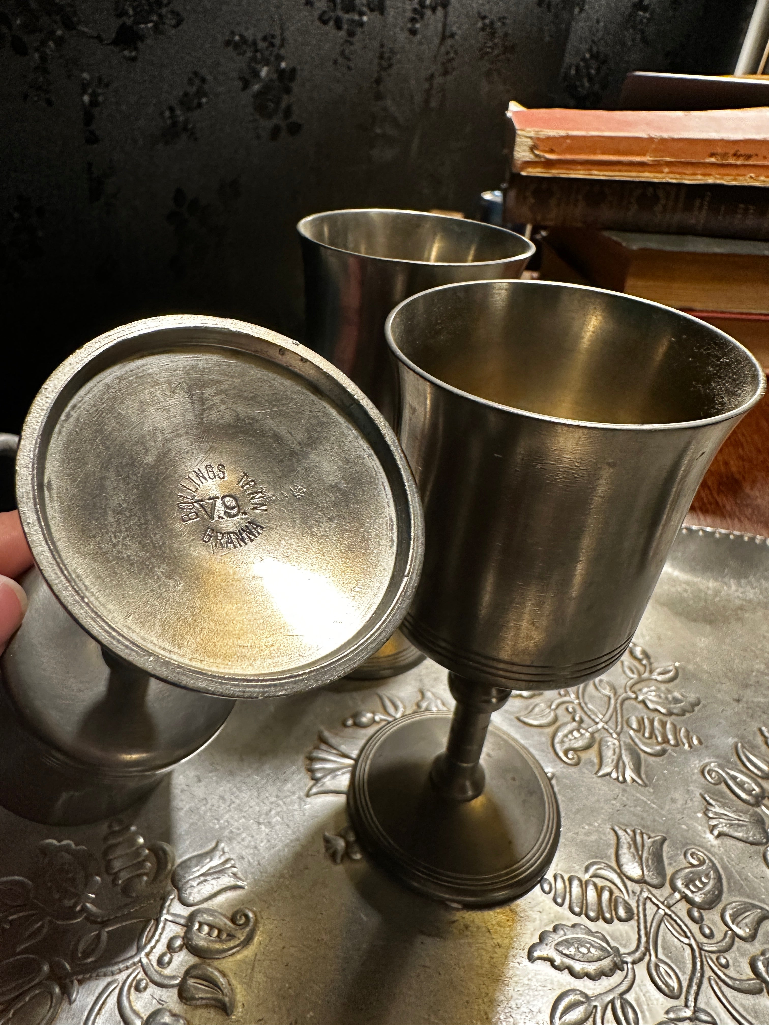 Hand Hammered Sweden (Skruf) & USA (Inernational Pewter) 3-Piece Studio Pewter Decorative Brutalism Serving Set