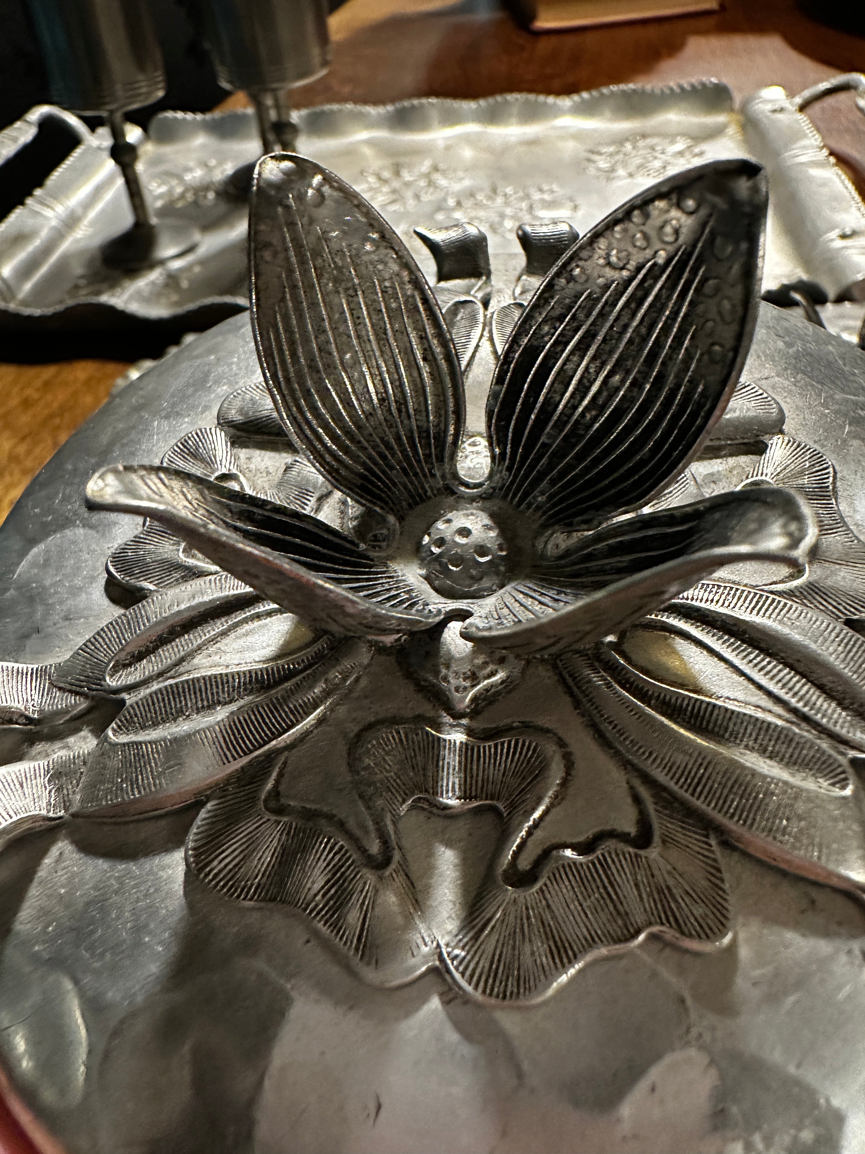 Hand Hammered Sweden (Skruf) & USA (Inernational Pewter) 3-Piece Studio Pewter Decorative Brutalism Serving Set