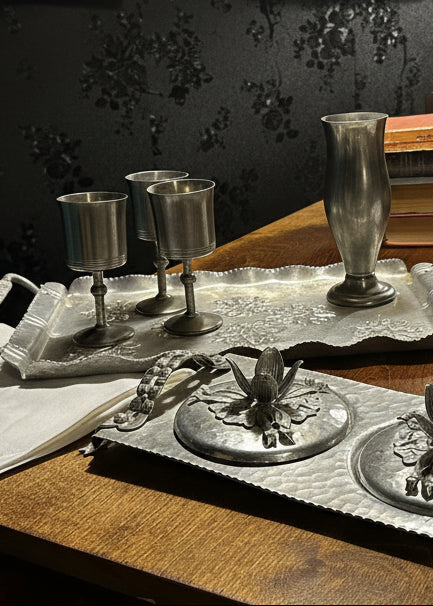 Hand Hammered Sweden (Skruf) & USA (Inernational Pewter) 3-Piece Studio Pewter Decorative Brutalism Serving Set