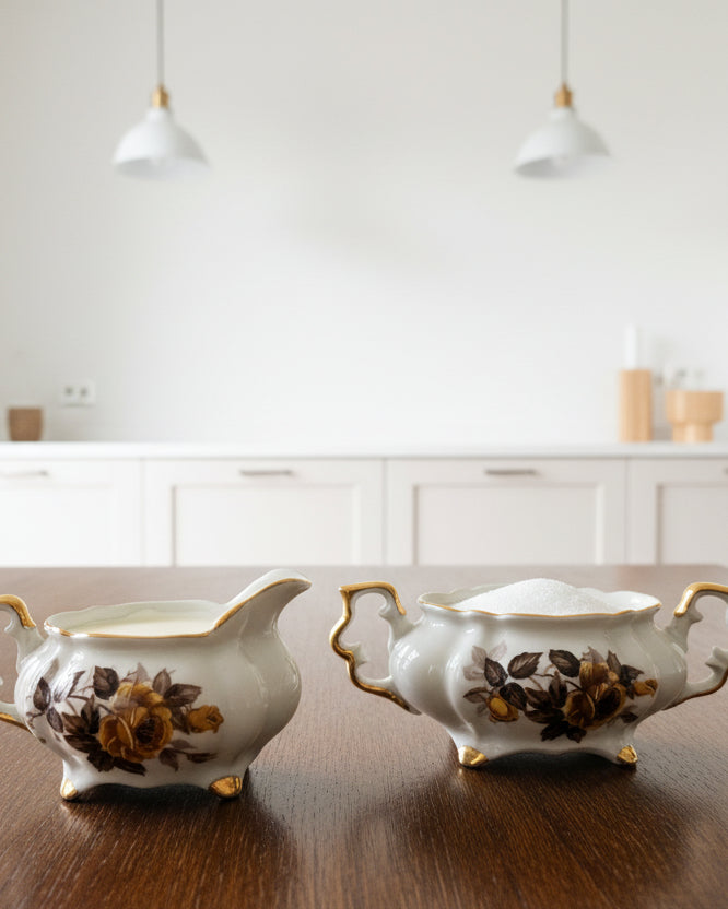Mid-Century Floral Porcelain Creamer & Sugar Set Japan, circa 1950s–1960s