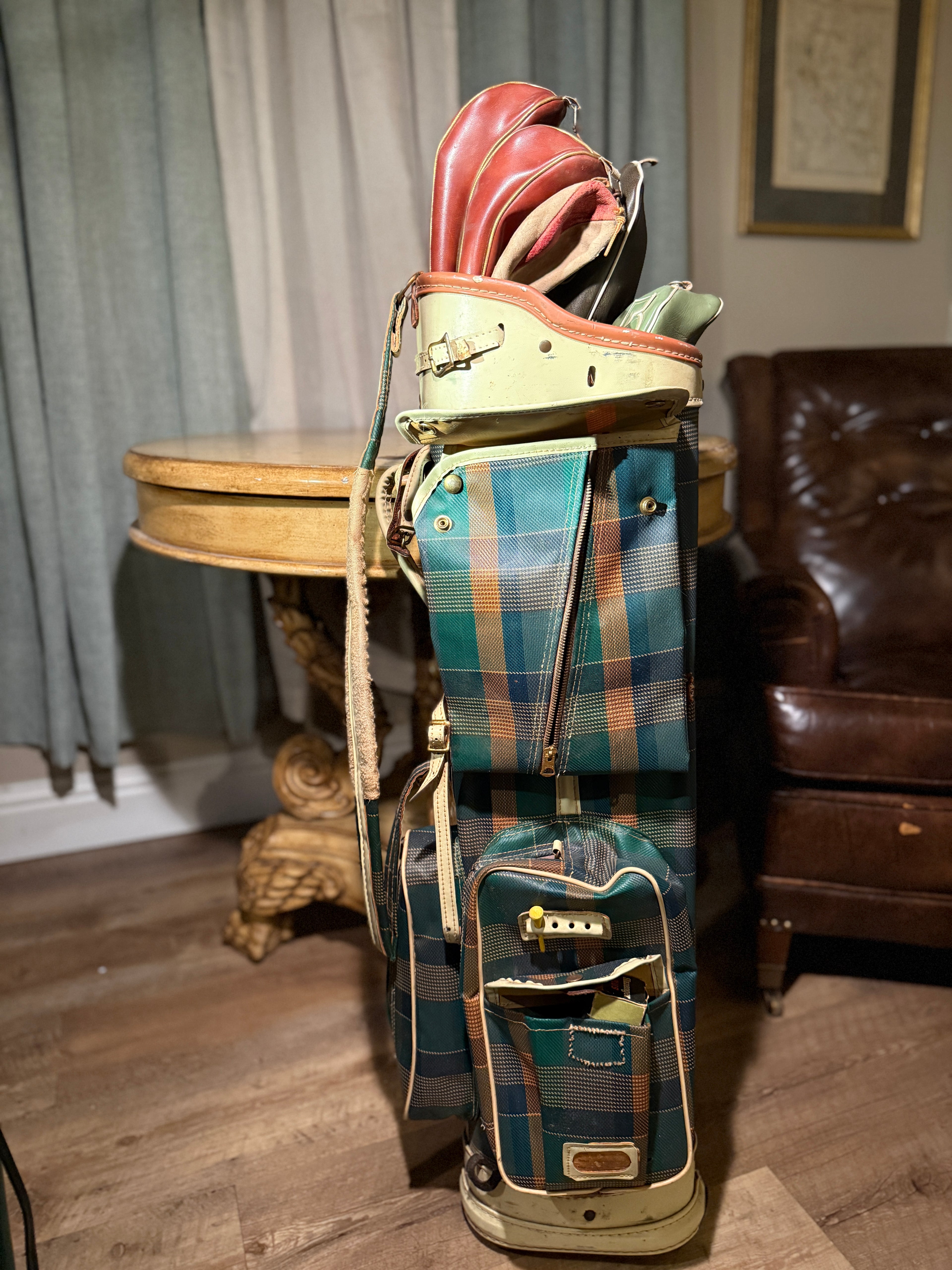 Post-War Spalding Plaid Golf Bag with Leather Headcovers and Club Ephemera, c. 1948–1955