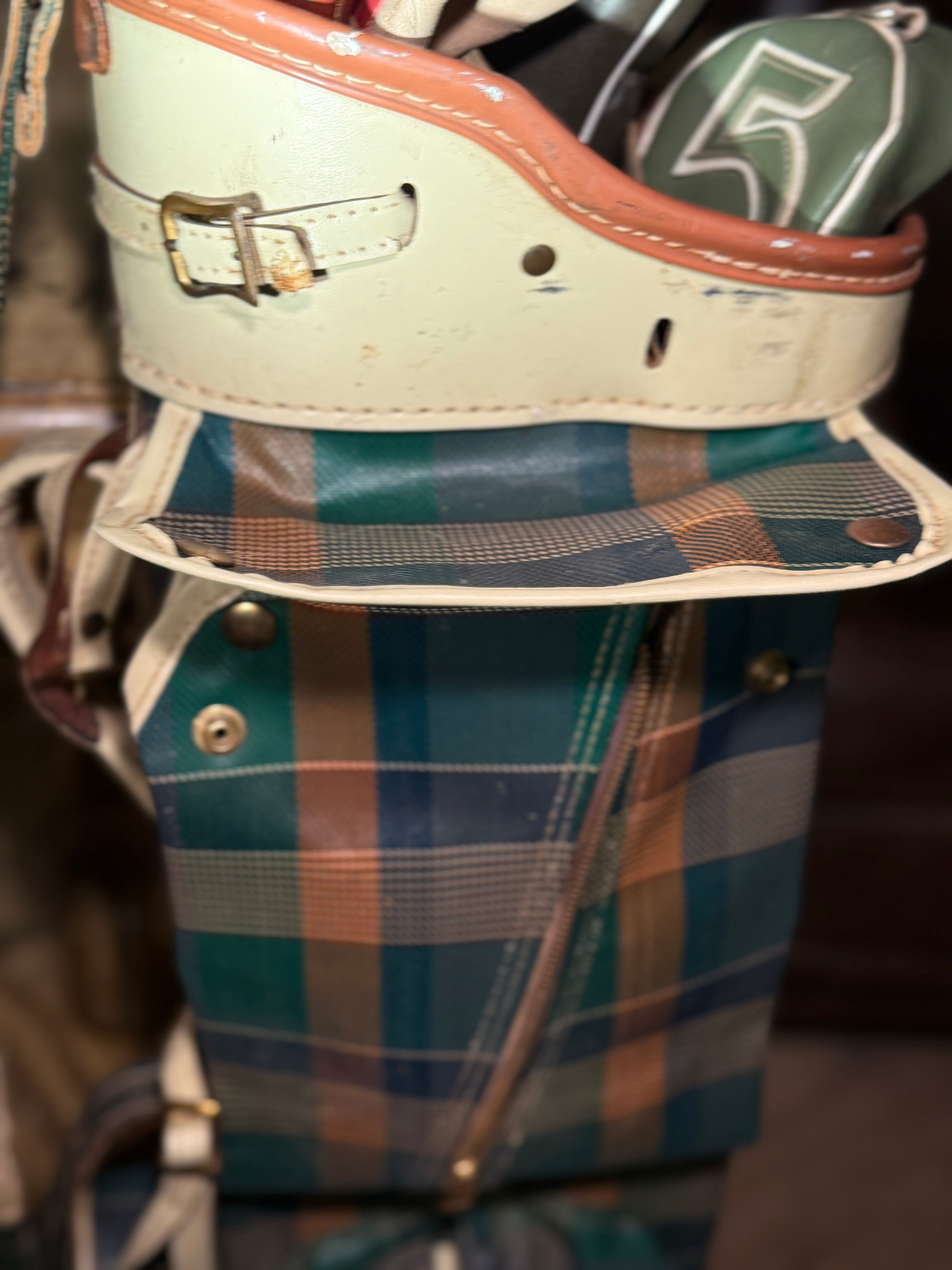 Post-War Spalding Plaid Golf Bag with Leather Headcovers and Club Ephemera, c. 1948–1955