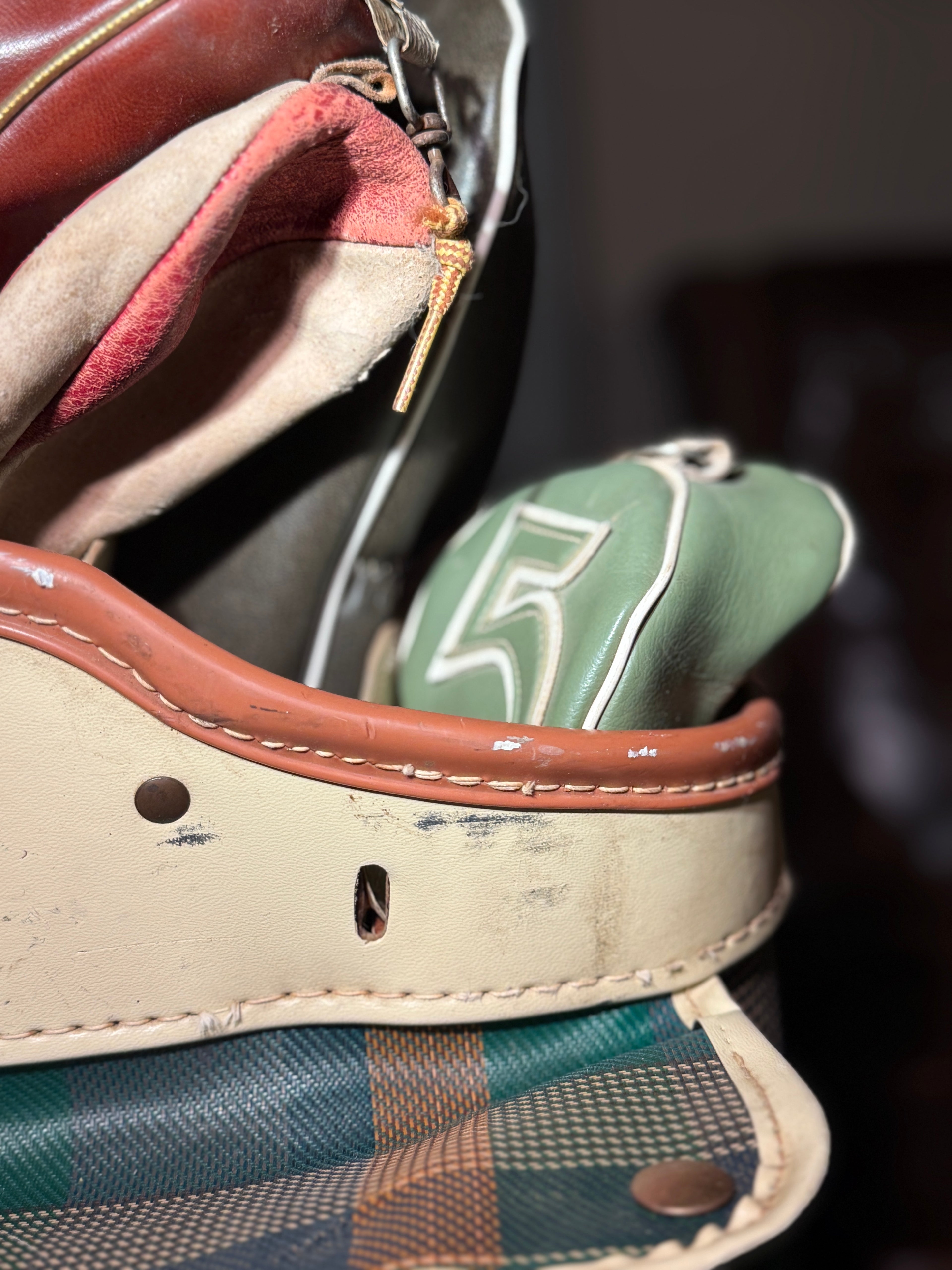 Post-War Spalding Plaid Golf Bag with Leather Headcovers and Club Ephemera, c. 1948–1955