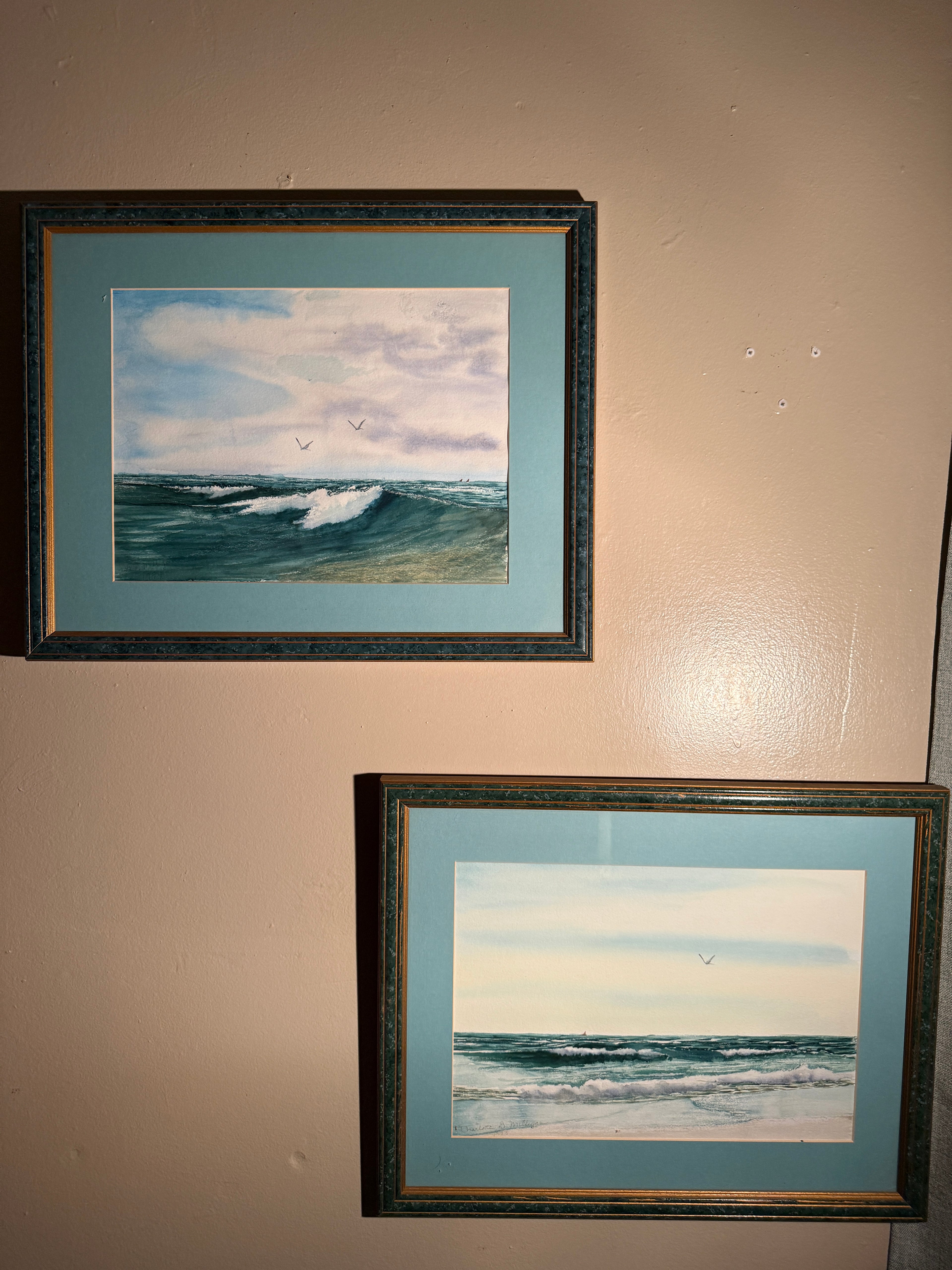 Pair of Coastal Seascape Watercolors by Charlotte Bancheri Milligan (1936–2017), Signed and Dated 1993