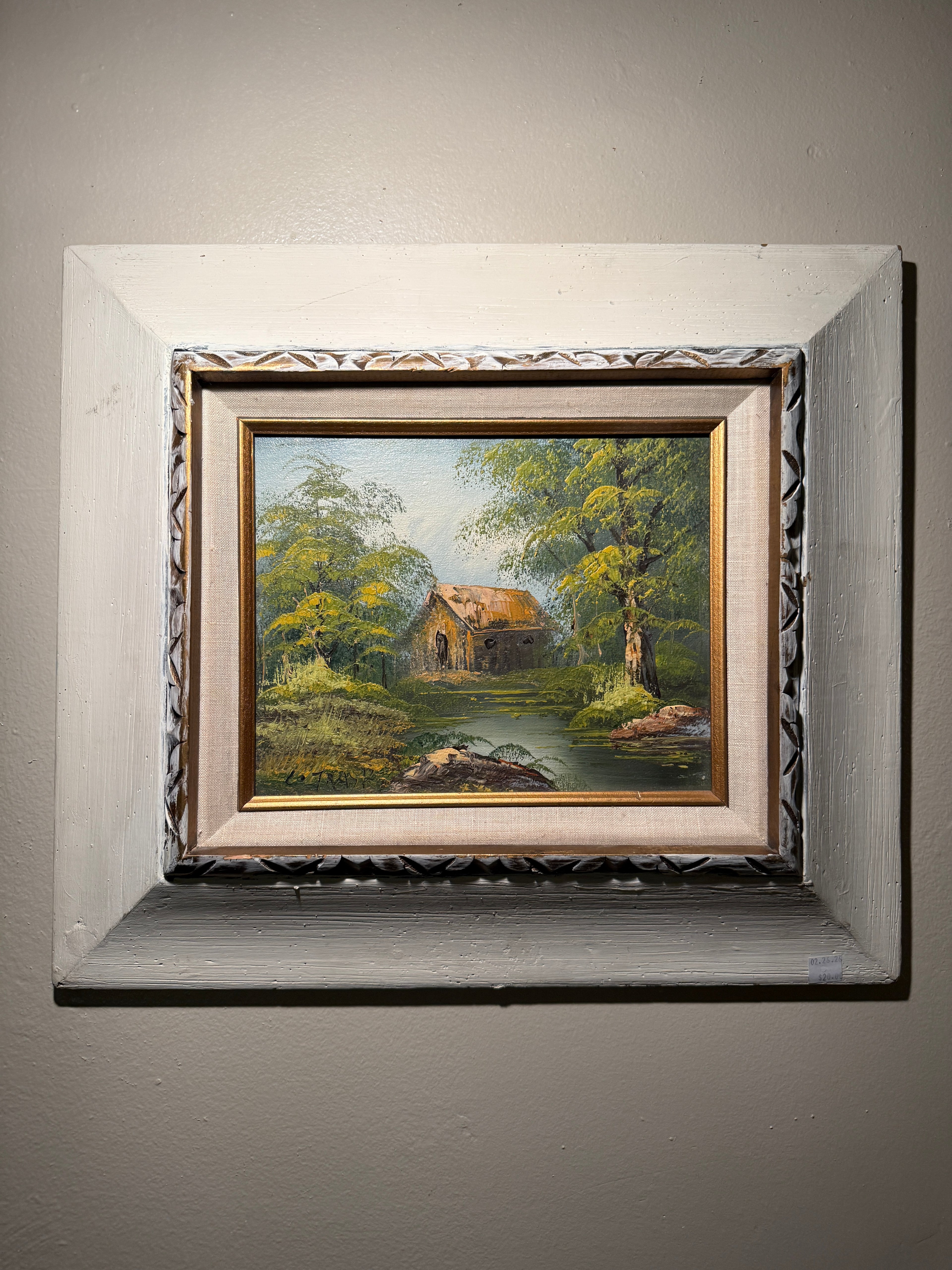 Mid-Century Oil Landscape Signed L. Trask – Woodland Cottage Impasto Painting