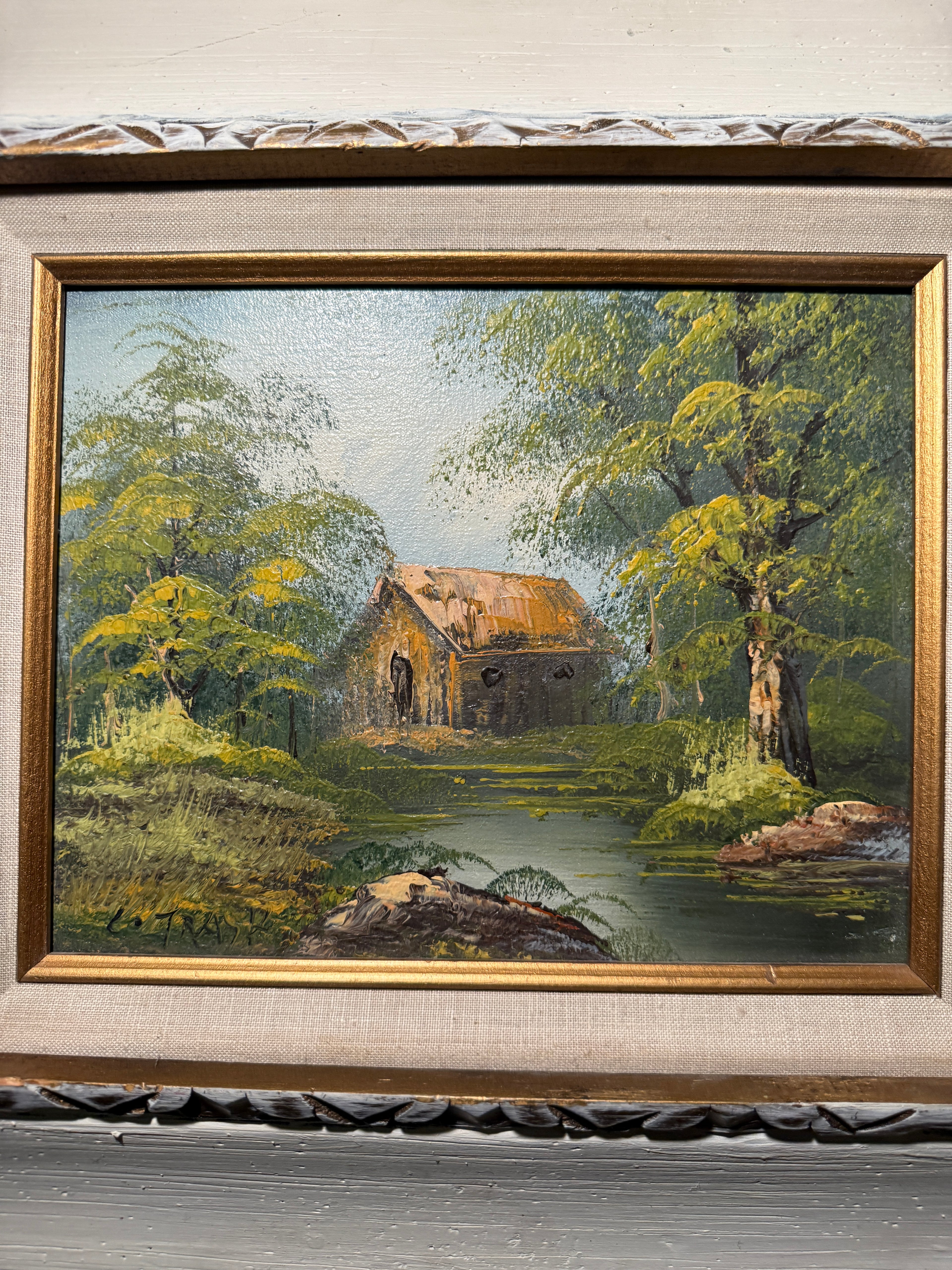 Mid-Century Oil Landscape Signed L. Trask – Woodland Cottage Impasto Painting
