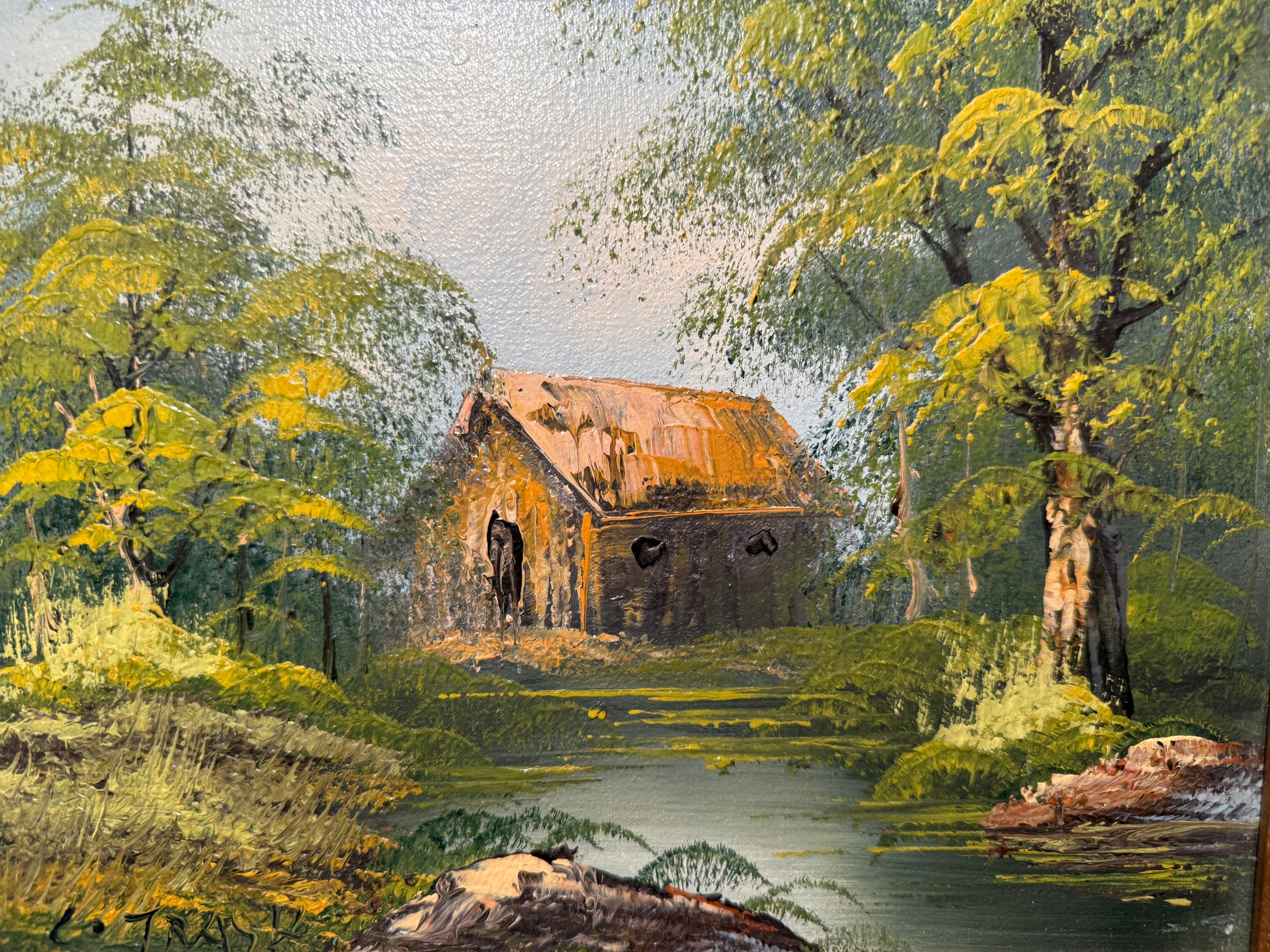 Mid-Century Oil Landscape Signed L. Trask – Woodland Cottage Impasto Painting