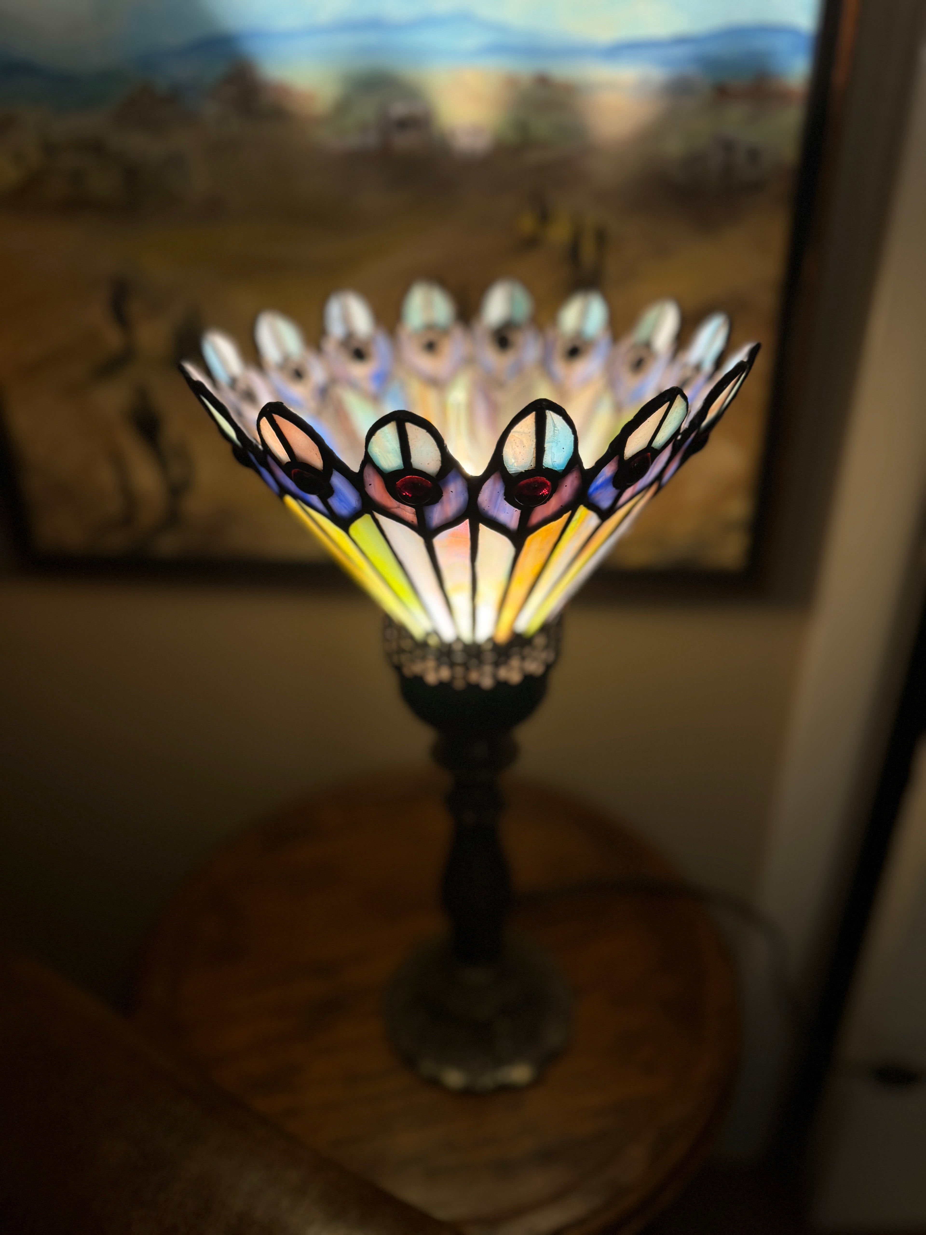 Meyda Tiffany Peacock Stained Glass Lamp Shade with Antique Metal Base