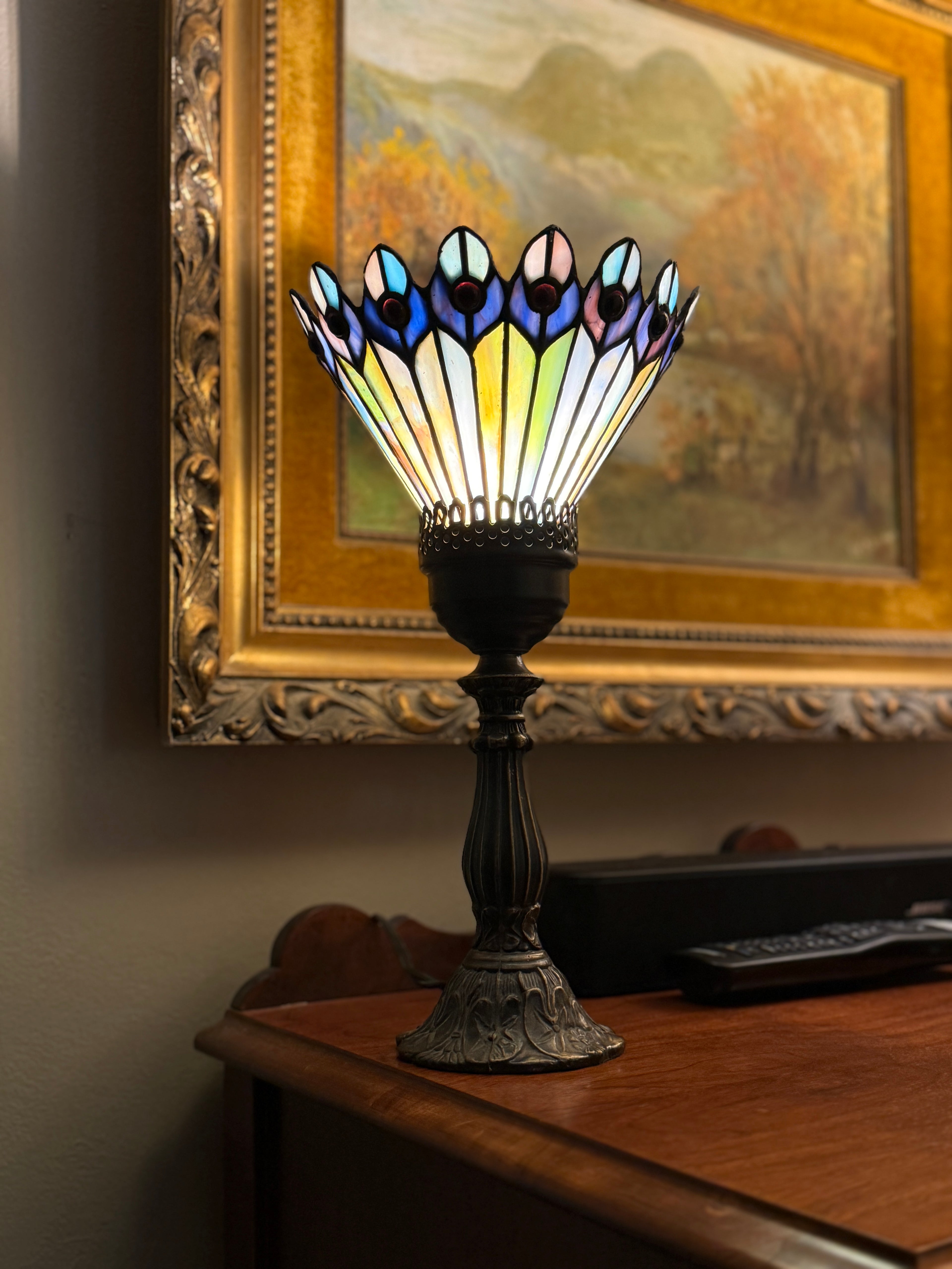 Meyda Tiffany Peacock Stained Glass Lamp Shade with Antique Metal Base