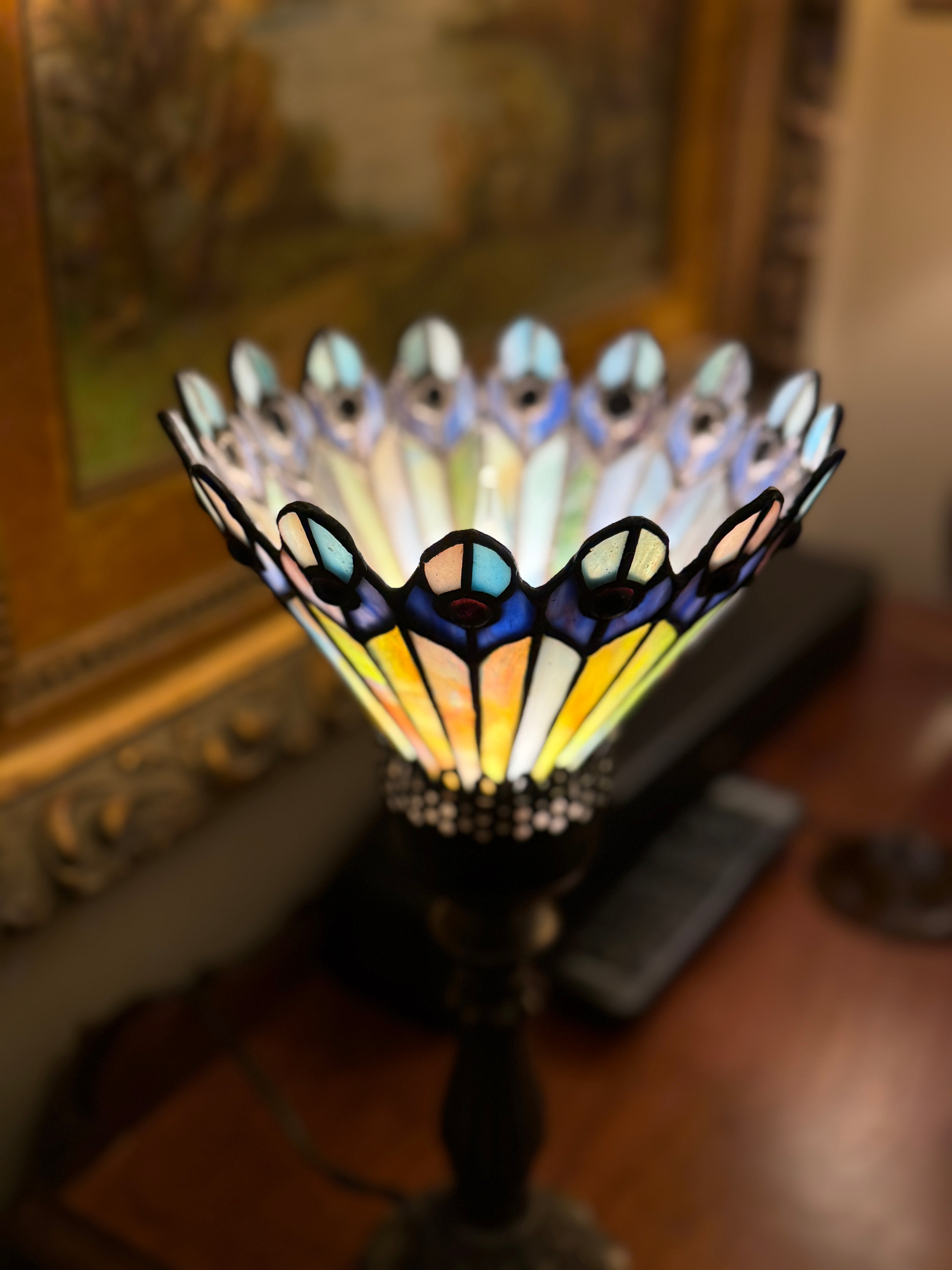Meyda Tiffany Peacock Stained Glass Lamp Shade with Antique Metal Base