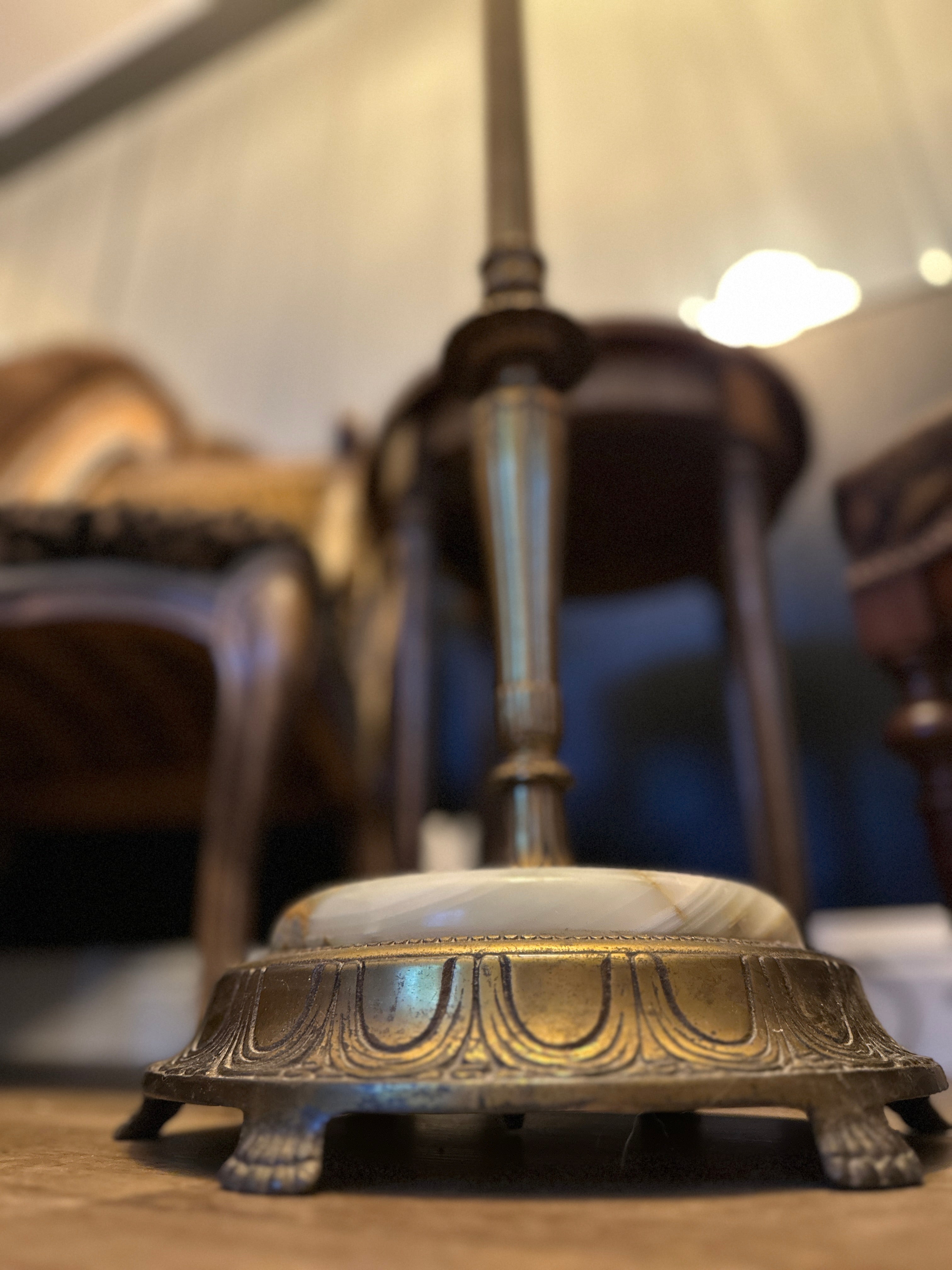 Antique Bronze Floor Lamp with Marble Base and Dual Switches, c. 1915–1930