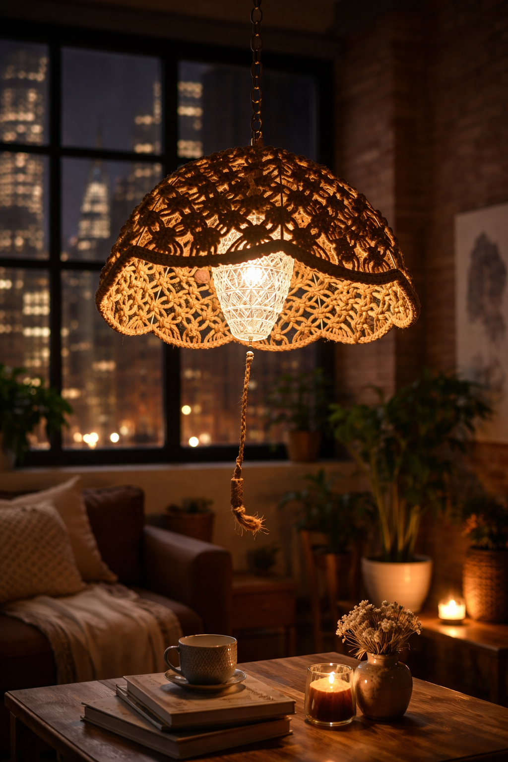 Vintage Jute Pendant Light with Pressed Glass Shade, 1970s Boho Hanging Swag Lamp