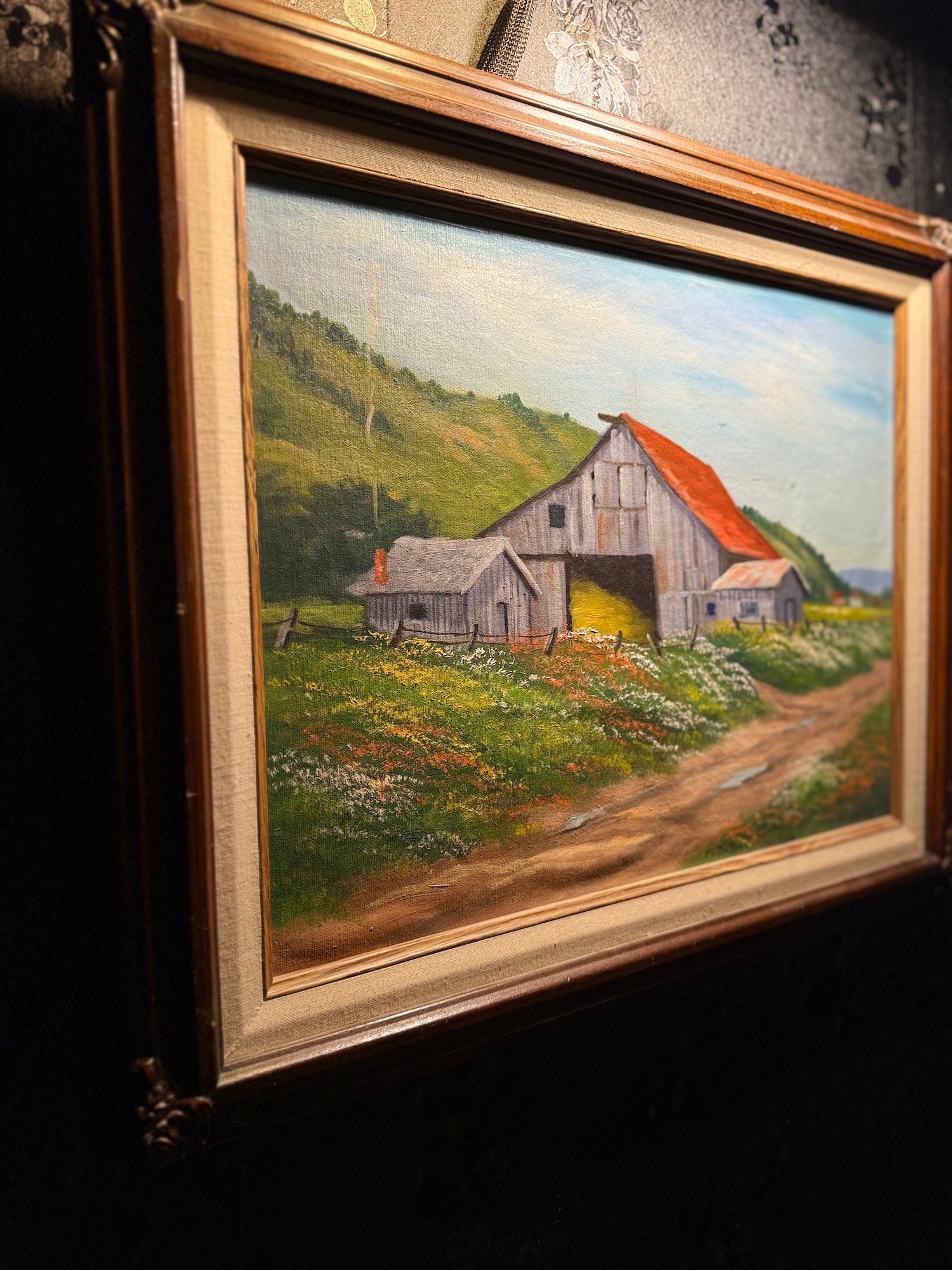 Barn with Red Roof and Wildflowers, Oil on Canvas Signed Mary J. DuBois