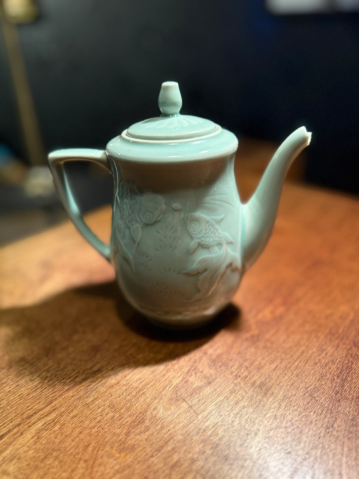 Mid-Century Vintage Chinese Celadon Porcelain Teapot with Fish Relief, c. 1950s