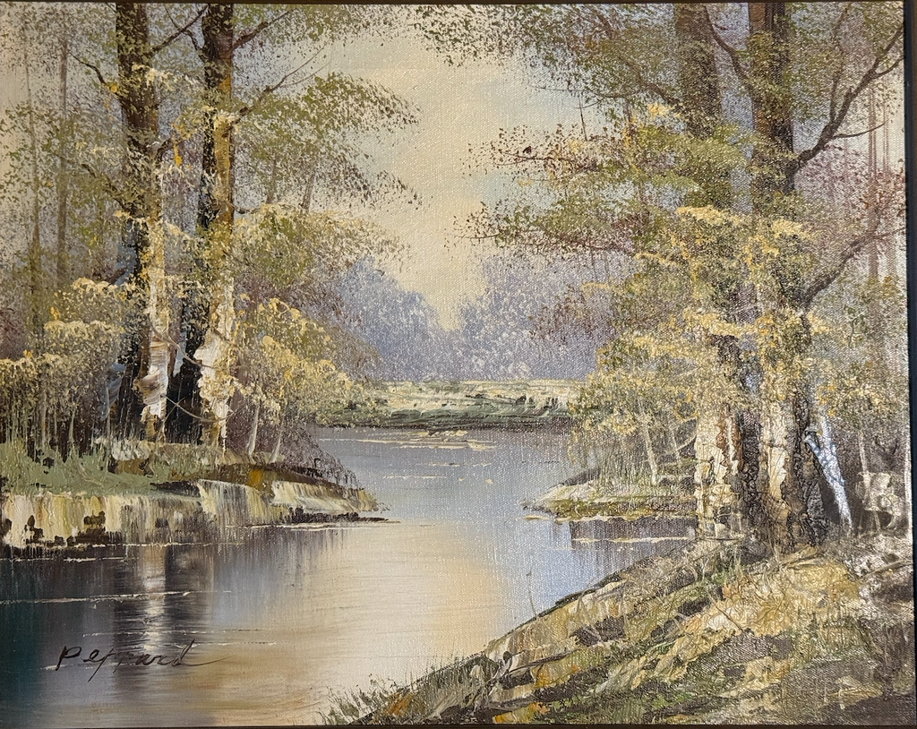 Birch-Lined River at Dusk — Oil on Canvas, signed Peppard